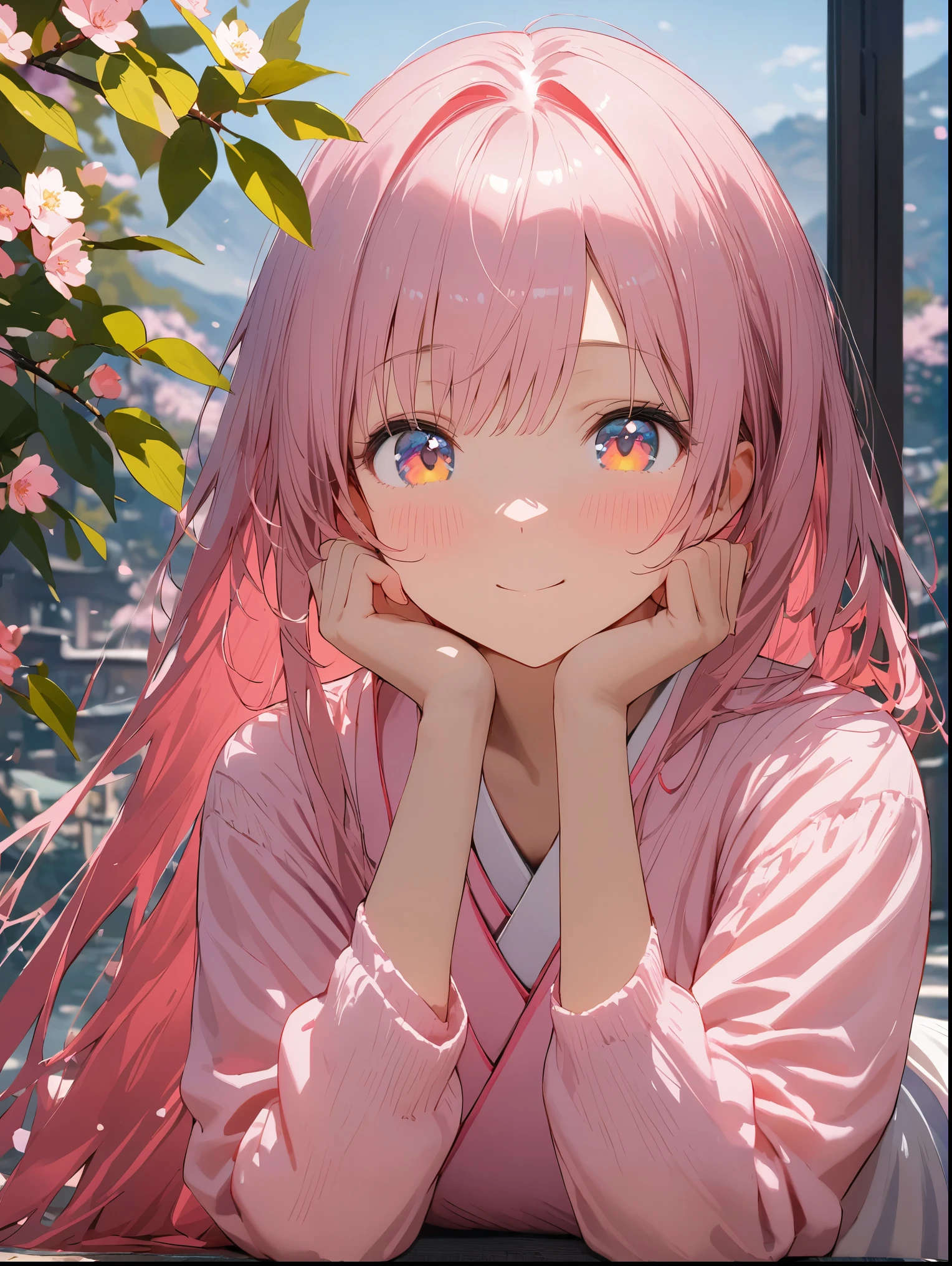 8K resolution, ((highest quality)), ((masterpiece)), ((Super detailed)), (andても繊細で美しい), beautiful girl, alone, gentle expression, 彼女はandても(relax)and(Calm)exterior, pink hair, written boundary depth, bright smile, young look, bright peach-colored eyes, 美しいpink hair, beautiful background, long hair, line drawing, pink kimono, Japan, Japan風, cherry blossomsのように輝く瞳, upper grade, wonderful eyes, cherry blossoms, cherry blossomsの木, cherry blossomsの花が舞っている, Upper body