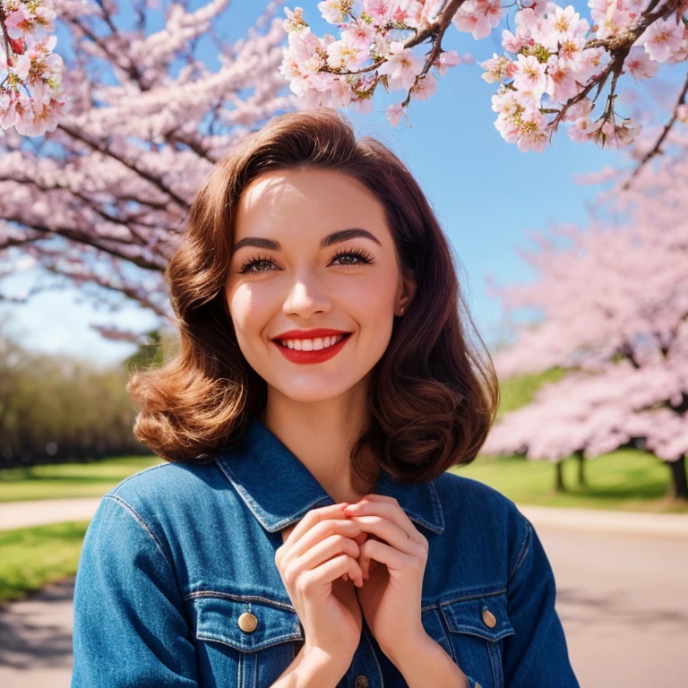 retro photography, 1960s , AGFA, Kodak, 1girl, portrait, looking_at_viewer, smile, Russia, Moscow, cherry blossom, octane render, solo