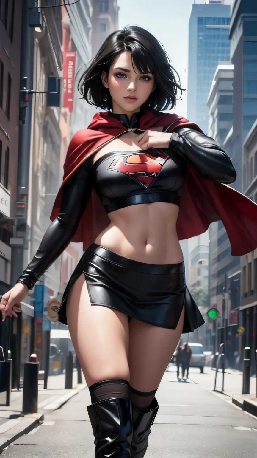 a female superman character is wearing body armor and gloves in tight leather pants, 1girl, solo, breasts, covered , black hair, thighhighs, short hair, leotard, thighs, white background, eyes half open, simple background, cameltoe, (bare navel:1.5), (red pants:1.5)