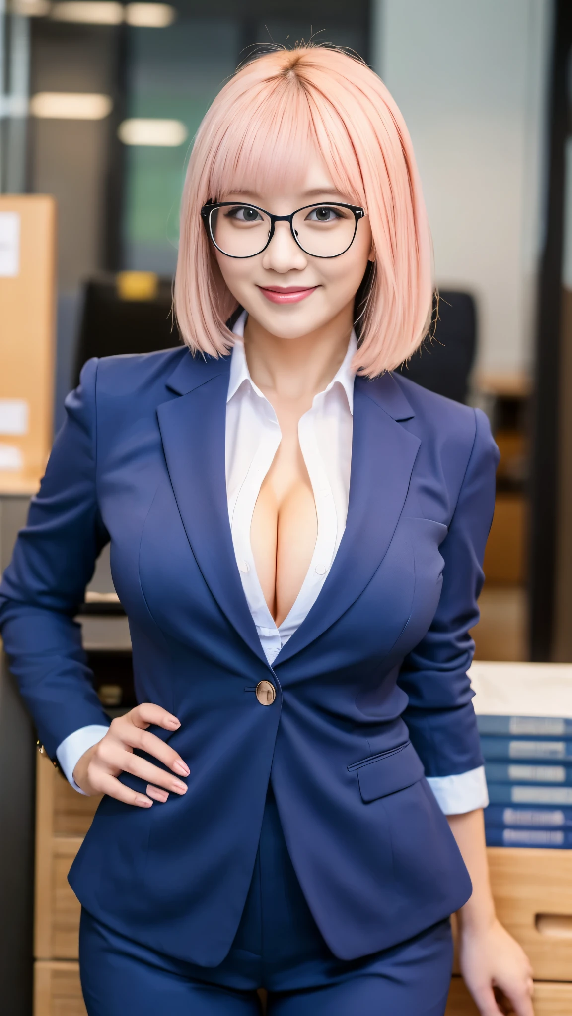 ((masterpiece, Highest)), (1 girl), (mature woman), light pink hair, Open-chested temptation, flared, (office lady), bangs, big breasts, woman with glasses, (full), slim, smile, [wide hips], office, Are standing, got it  (blue file), 8K quality, sexy temptation, (suit with open chest)