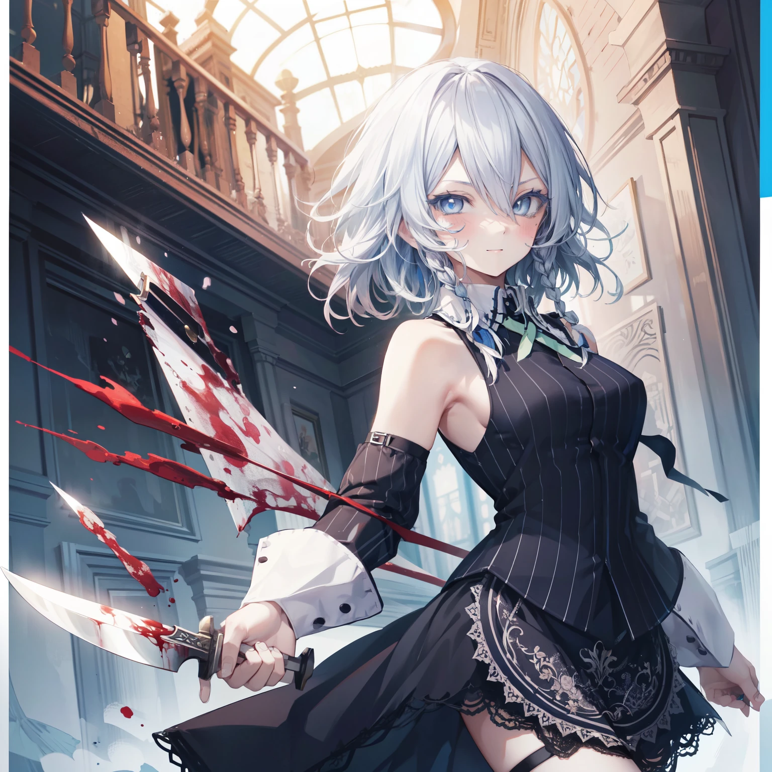 (1girl, solo), (blue eyes:1.5), blood stained white dress:1.5, looking at viewer, crazy smile, blush, blood, blood on arm, blood on face, blood on clothes, blood on hands, holding knife, knife, indoorasterpiece:1.2), best quality, high resolution, unity 8k wallpaper, (illustration:1.5), anime style, (beautiful detailed eyes:1.6), extremely detailed face, perfect lighting, extremely detailed CG, (perfect hands, perfect anatomy), (dynamic pose, dynamic angle:1.1), , serial killer, slasher, sakuya izayoi, silver hair, maid dress, white apron, very short skirt, sexy pose, flying knive, holding knife, sleeveless outfit, detailed face, detailed eyes, fresh blue eyes, big green ribbons, blue outfit