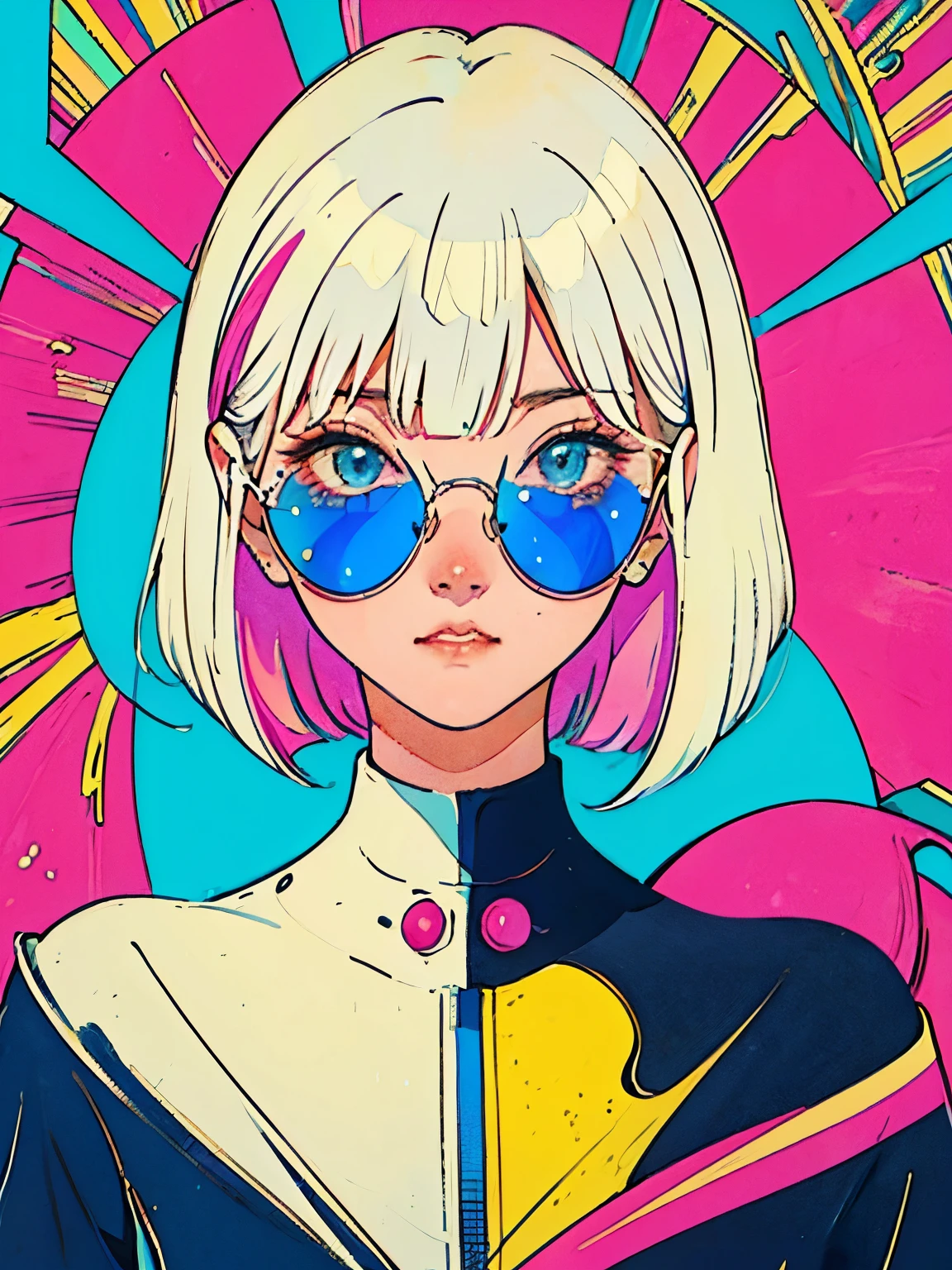 This 90s anime illustration features a blonde pin-up girl wearing kaleidoscopic sunglasses that reflect a vast space galaxy full of stars and planets within its lenses. The pin-up has a white bob haircut and exudes a far-out aesthetic with a superrealism appeal. The illustration has a symmetrical composition created by Hajime Sorayama, with a colour scheme influenced by Lisa Frank. The artwork exudes a sense of futuristic, psychedelic beauty that captures the essence of 90s pop culture and anime