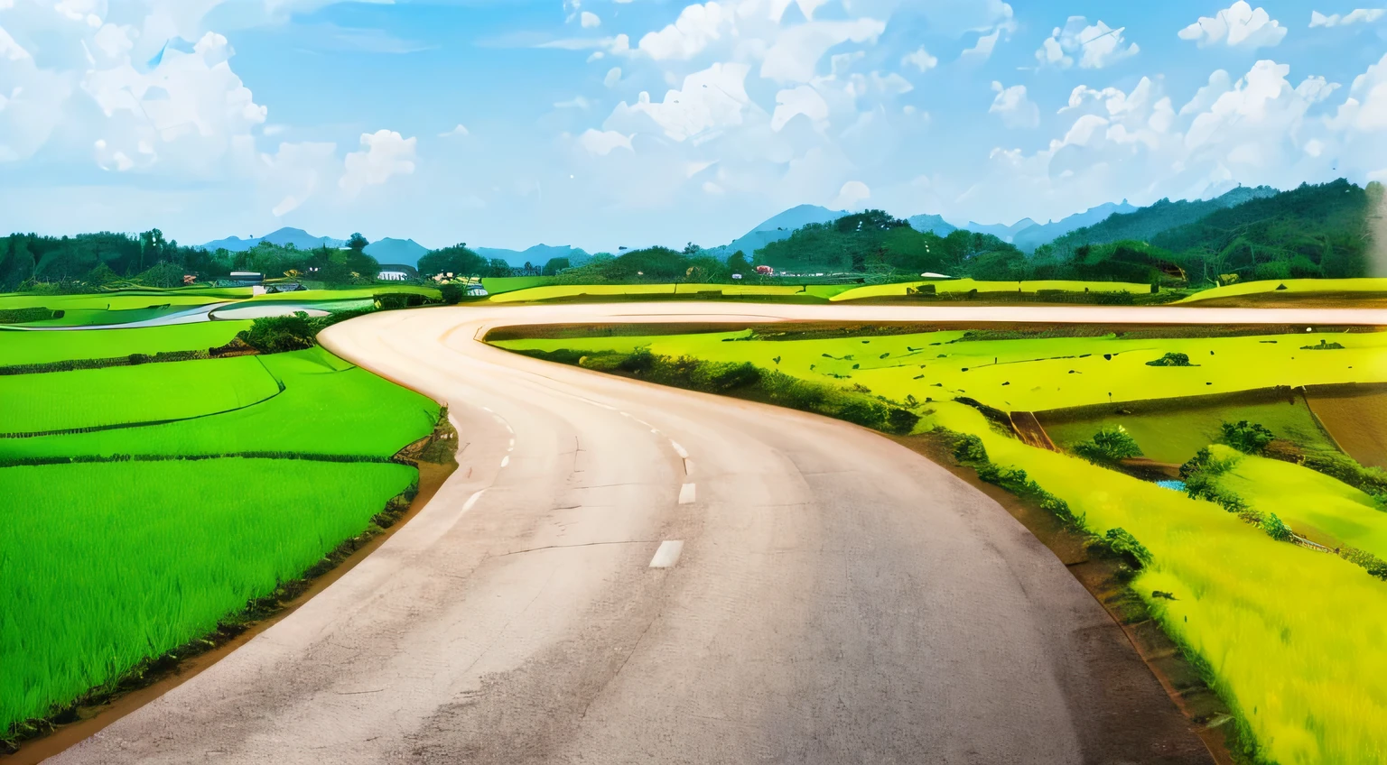 arafed view of a road winding through a green field, roads among fields, road between hills, country road, color highway, vibrant scene, very beautiful scenery, malaysia with a paddy field, sweeping landscape, hilly road, vibrant art, wide roads, rice, in a vast serene landscape, wide angle landscape, very very beautiful scenery, country landscape, sunset