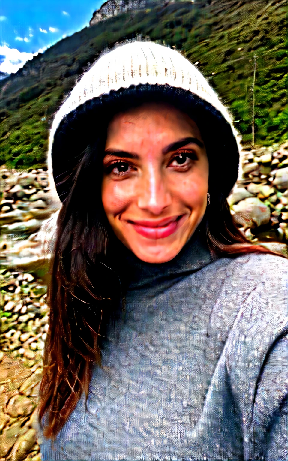 Photography, foto de mujer hermosa, autofoto, parte superior del cuerpo, solo, vistiendo jersey, al aire libre, (Noche), mountains, naturaleza de la vida real, estrellas, luna, feliz, feliz, guantes, sweater, gorro, bosque, rocas, river, madera, fumar, niebla, mirando al espectador, Textura de la piel, foto de grano, de cerca, foto cruda