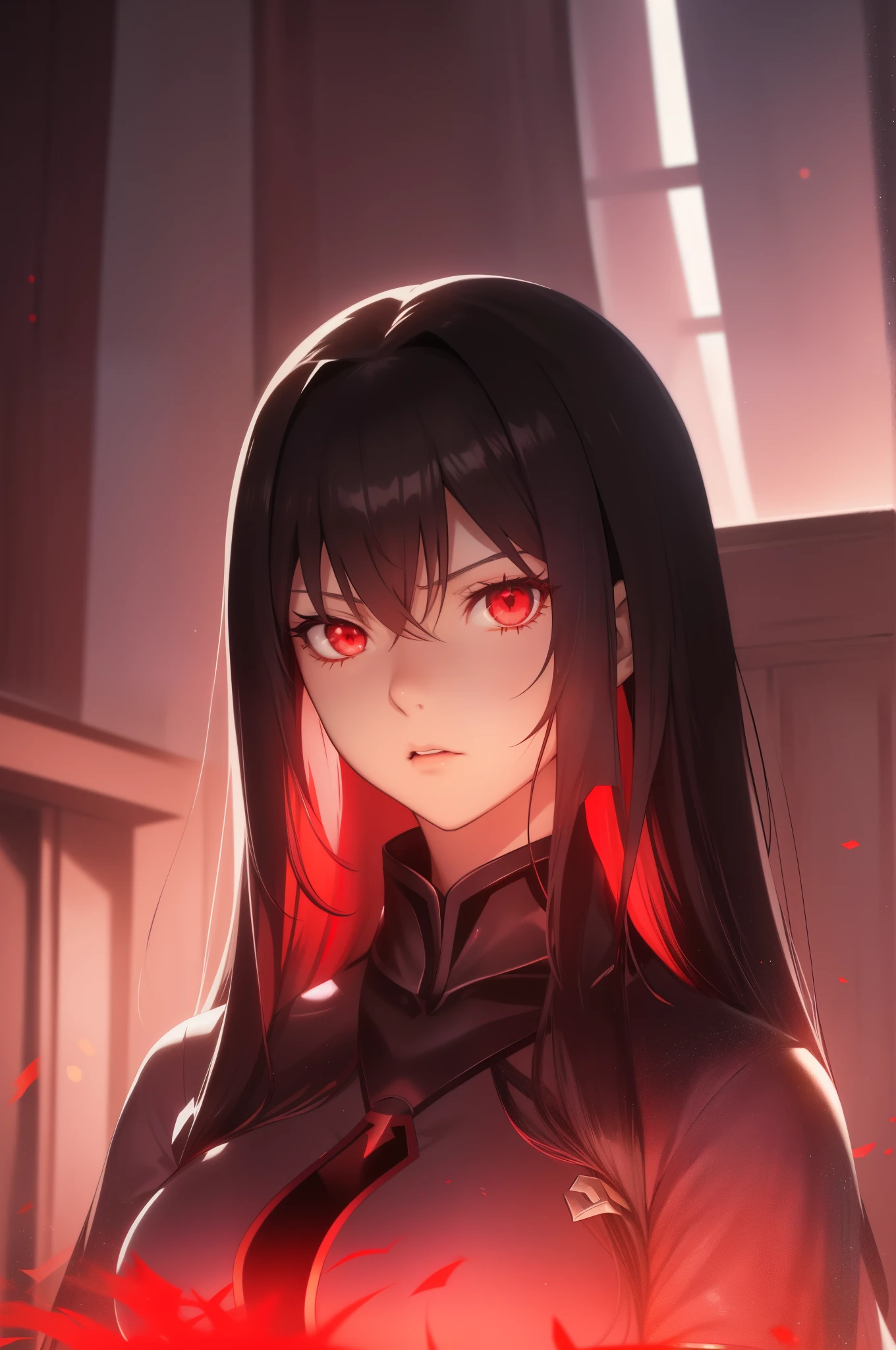 a woman with long hair and red eyes standing in a room, anime style like fate/stay night, fate / stay night, rin tohsaka, anime visual of a young woman, by Jin Homura, made with anime painter studio, female anime character, with red glowing eyes, fate stay night, girls frontline cg, she has black hair with bangs