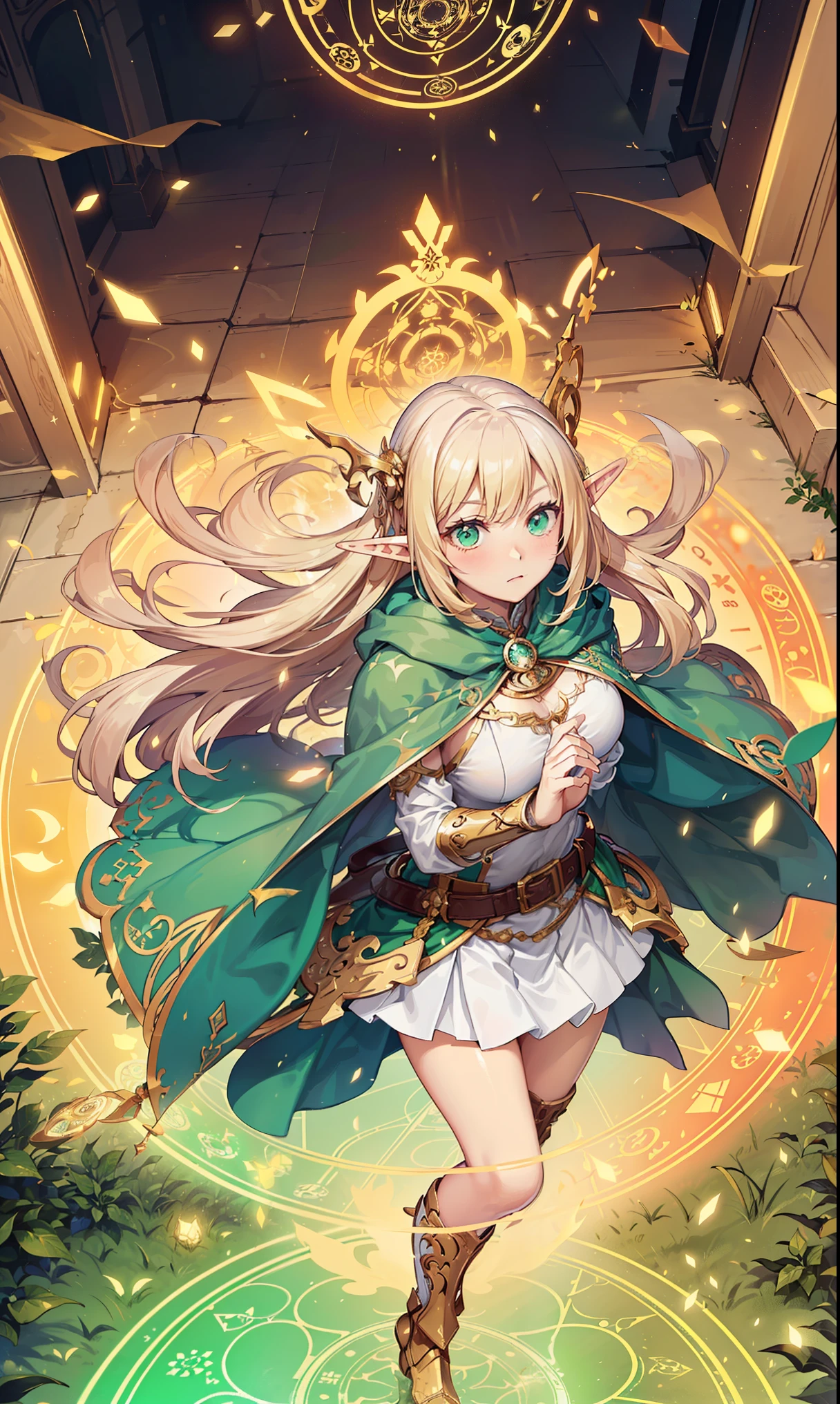 (((Masterpiece, highest quality, high definition, high detail)))), ((((Fantasy)))), one, (Elf woman)))), (short white skirt embroidered with gold), (Blonde long straight hair), (Fine dark green eyes)))), (Green cloak armor with gold embroidery)), Big, (Strong wind), (Cast spells)), (A lot of glowing grains are flying), ((( A vortex of light gathers in the hand))), (((Magic circle of light densely drawn with geometric patterns and magic letters in the background))), ((Many glowing green arrows are released)), forest, magic circle reflected in cloak