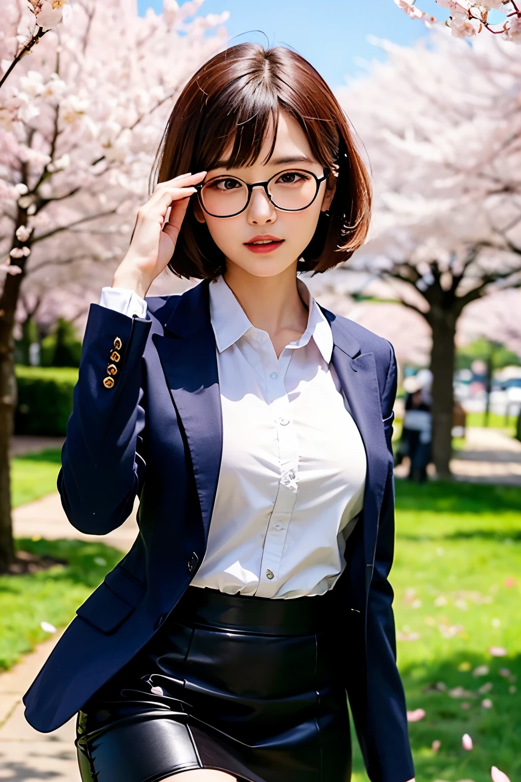 ((highest quality)), ((masterpiece)), (be familiar with), perfect face, double eyelid, (beautiful eyes, wearing glasses), ((looking at the viewer)), short hair, brown hair, portrait photography, (Hair is fluttering in the wind), (black suit, Tight Skirt), beautiful breasts, (You can see a little cleavage:0.8), garden, ((Lots of cherry blossoms in the background, Cherry tree in full bloom)), ((cherry blossoms are dancing)), (Cherry blossom petals are dancing:1.4)