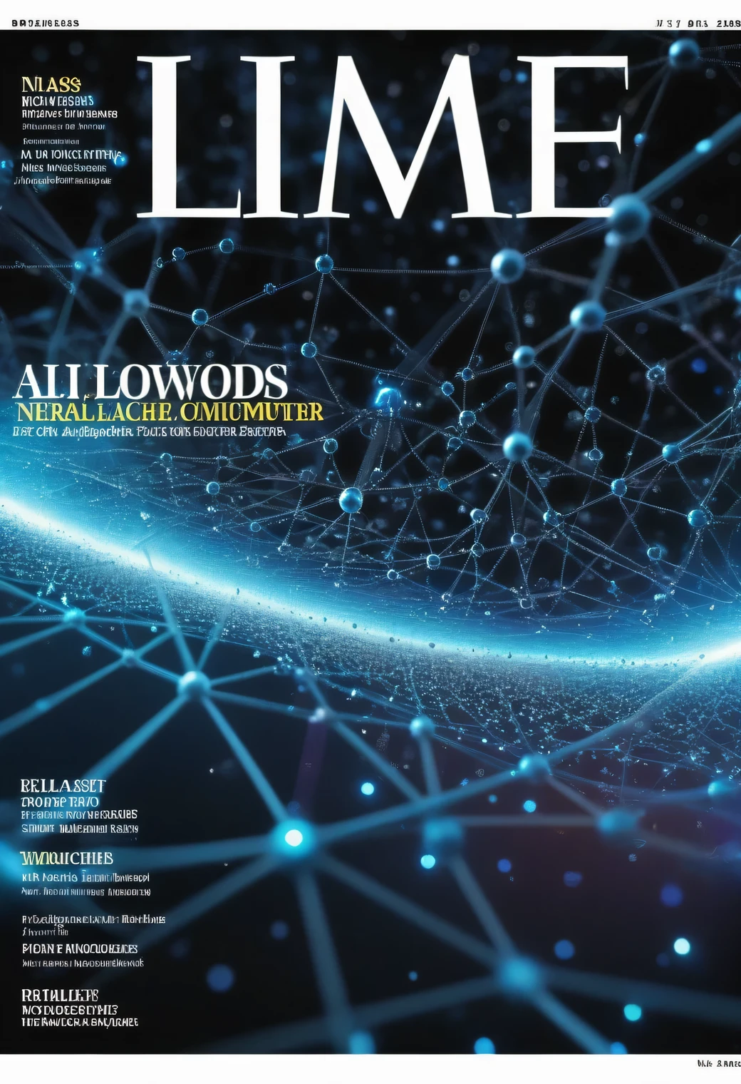 Product photography, обложка журнала AI LIFE, high technology and quantum computer, neural mesh overlay, imitation molecular bonds form a nanomesh on top of the photograph, magazine cover effect, magazine headings and contents, focus on the text, focus on headlines, focus on the center of the image, shallow depth of field, vignette, very detailed, big budget Hollywood film, Boke, fabulous, granularity. Glossy magazine