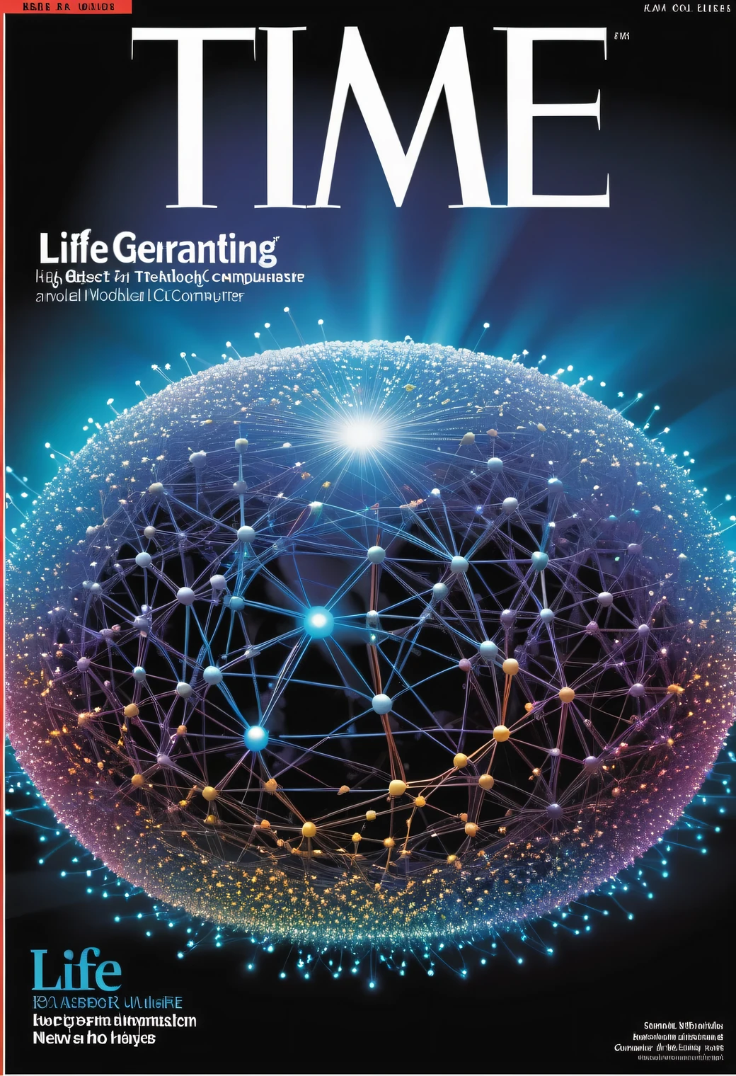 Product photography, обложка журнала AI LIFE, high technology and quantum computer, neural mesh overlay, imitation molecular bonds form a nanomesh on top of the photograph, magazine cover effect, magazine headings and contents, focus on the text, focus on headlines, focus on the center of the image, shallow depth of field, vignette, very detailed, big budget Hollywood film, Boke, fabulous, granularity. Glossy magazine