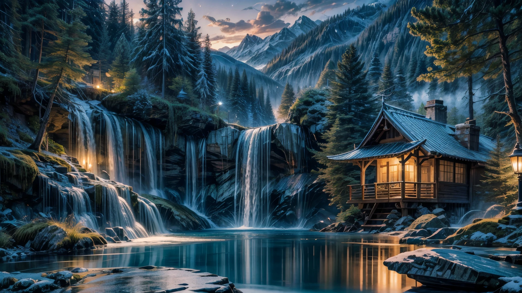 Waterfall pouring into a serene lake, high quality, super detail, transition from dusk to night.