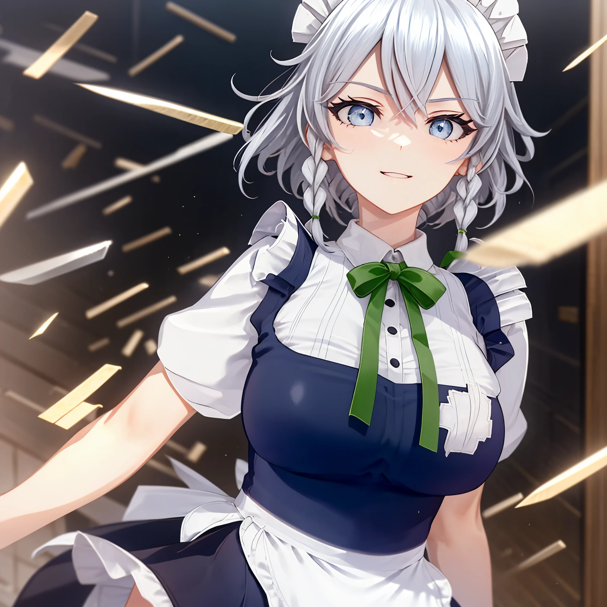 (Unity 16K Wallpaper, masutepiece, Best Quality, Ultra-detailed, extremely details CG, Cinematic lighting, Detailed, Beautiful detailed eyes, Solo),超A high resolution,Fine skin,A sexy,maid, maid apronl, Maid headdress,Knives,Seductive smile,From below,throwing knife,Floating hair, indoors, Wind, Indoors, serial killer, slasher, sakuya izayoi, silver hair, maid dress, white apron, very short skirt, sexy pose, flying knive, holding knife, sleeveless outfit, detailed face, detailed eyes, fresh blue eyes, big green ribbons, blue outfit, small-to-medium breasts