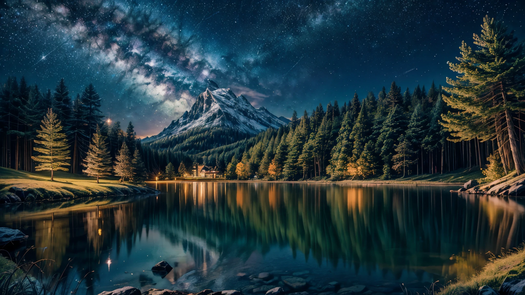 Lake surrounded by lush forest, night sky with constellations, transition from night to dawn.