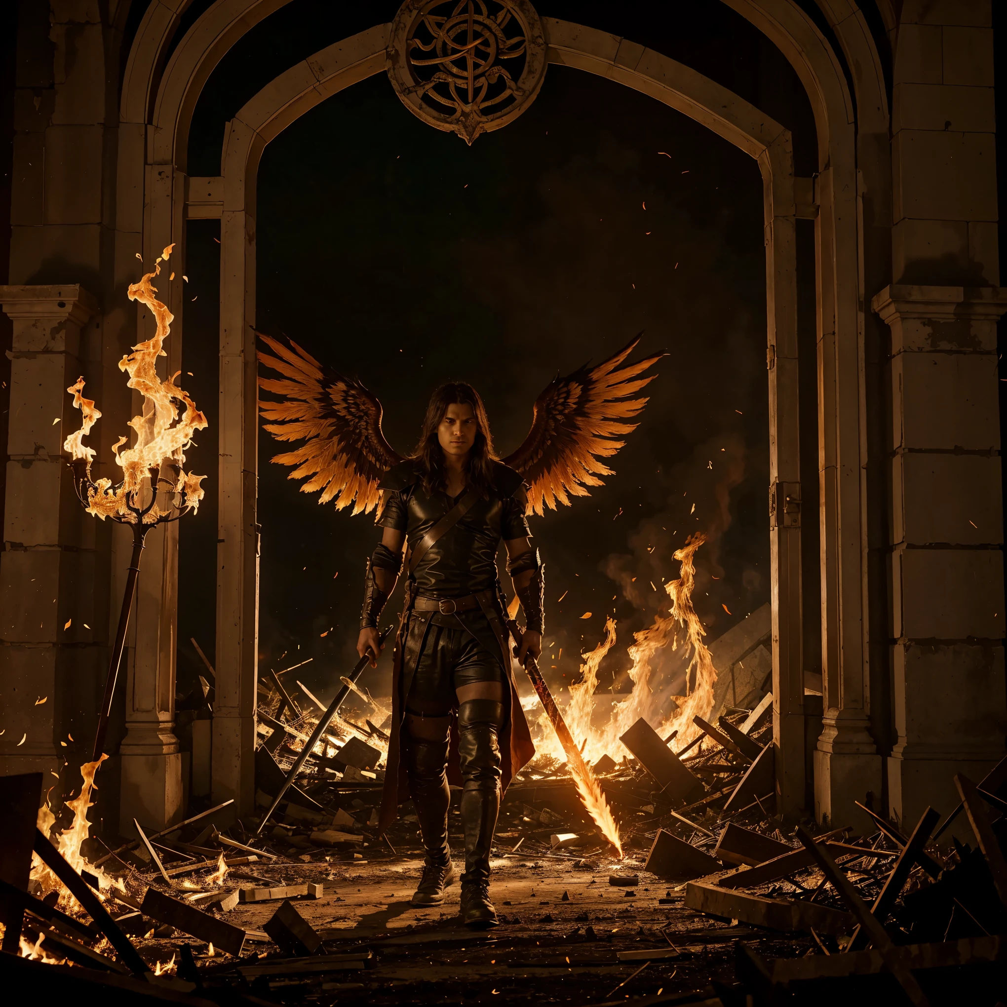 Cain with a flaming sword and burning wings at the gates of the completely destroyed Garden of Eden