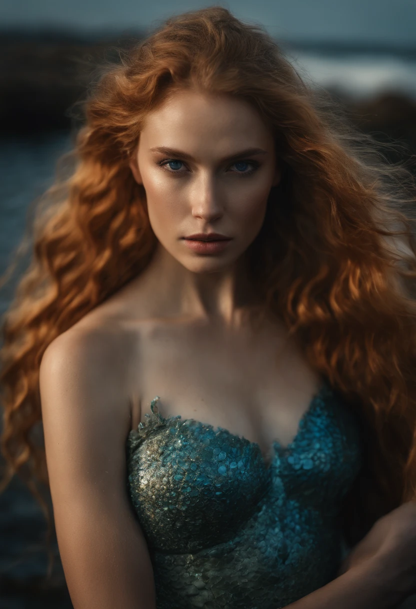 fantasy creature clothing made with marine floral nature that mimic shells, scales skin, algae details with different types of shells on body, (mermaid:1.1), top shell brassiere, waist length portrait, collar bones with skin turquoise scales, cover body with scales and shells, posing, very black hair, very long wavy hair, very thick hair, many freckles on the body, skinny body, (many freckles on the face), half body under the water on sea, seducing with a glace, dark around the eyes, gray eyes, half face in shadow, wet body, wet hair, pale skin color, mainly cloudy, fog, photorealistic eyes, detail face, detail backgrounds little blur, reflection from wet, not much light on models, light gold lights, correct shadows, HDR, Ultra 4K, photo realistic, professional photo, modelshoot.