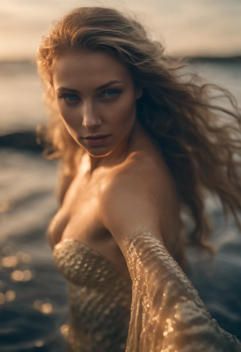 fantasy creature clothing made with marine floral nature that mimic shells, scales skin, algae details with different types of shells on body, (mermaid:1.1), top shell brassiere, waist length portrait, collar bones with skin turquoise scales, cover body with scales and shells, posing, very black hair, very long wavy hair, very thick hair, many freckles on the body, skinny body, (many freckles on the face), half body under the water on sea, seducing with a glace, dark around the eyes, gray eyes, half face in shadow, wet body, wet hair, pale skin color, mainly cloudy, fog, photorealistic eyes, detail face, detail backgrounds little blur, reflection from wet, not much light on models, light gold lights, correct shadows, HDR, Ultra 4K, photo realistic, professional photo, modelshoot.