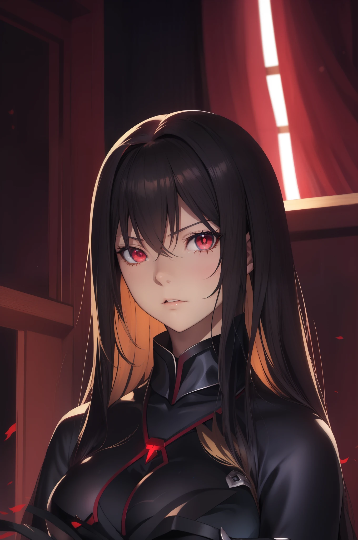 a woman with long blonde hair and blue eyes standing in a room, anime style like fate/stay night, fate / stay night, rin tohsaka, anime visual of a young woman, by Jin Homura, made with anime painter studio, female anime character, with red glowing eyes, fate stay night, girls frontline cg, she has black hair with bangs