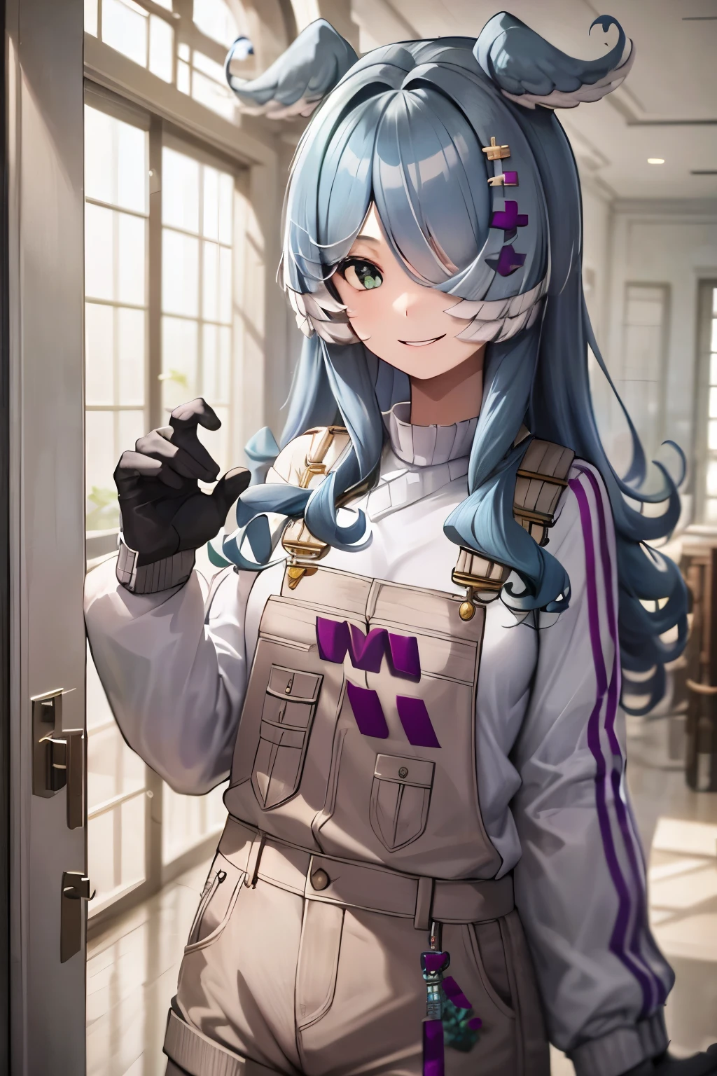 1girl, elira1st, long sleeves, overalls, white sweater, off shoulder, grey gloves, one eye covered, overall shorts, glass door, house, (masterpiece, detailed CG, high resolution:1.2), pose, smile