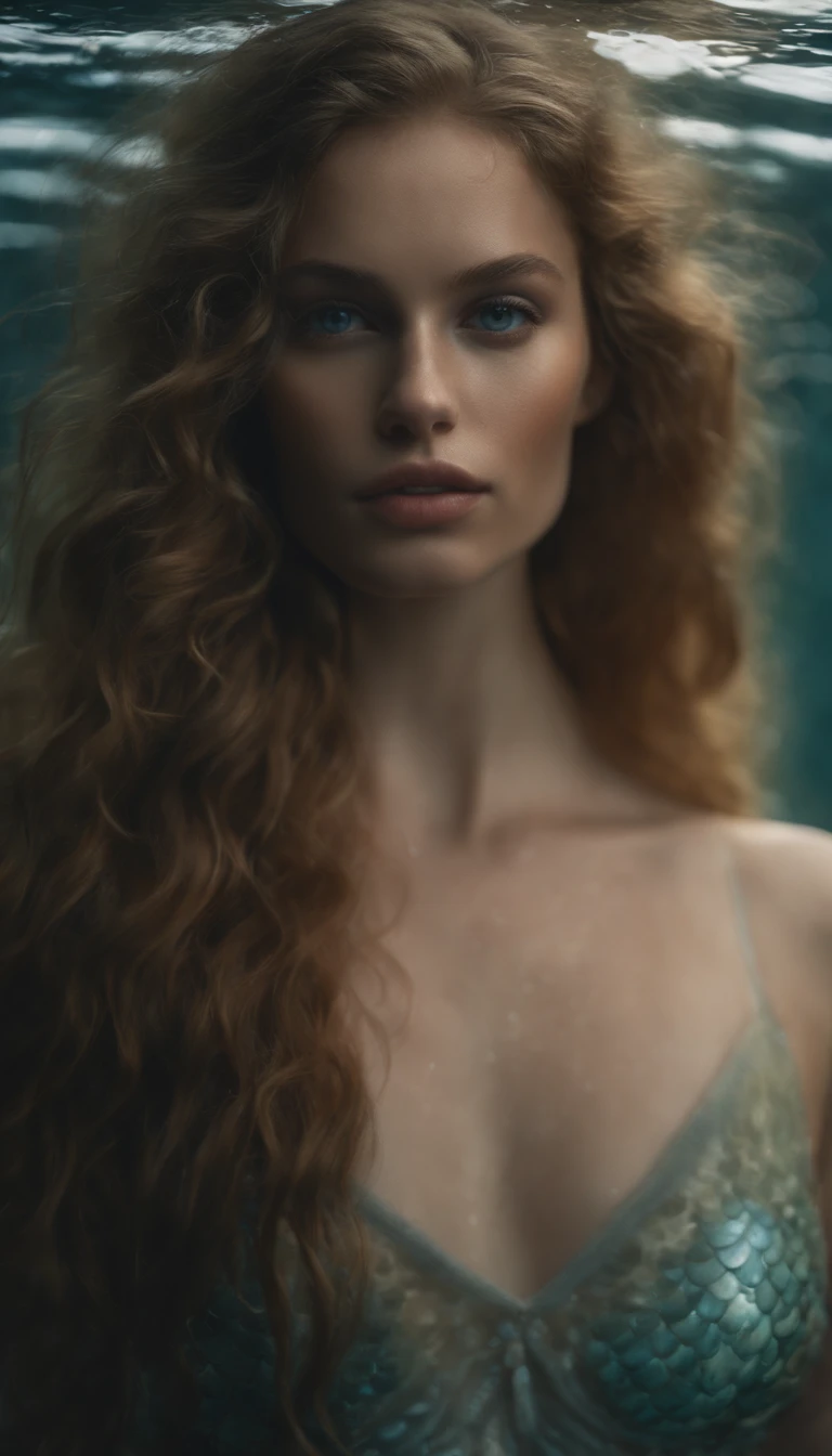 fantasy creature clothing made with marine floral nature that mimic shells, scales skin, algae details with different types of shells on body, (mermaid:1.1), top shell brassiere, waist length portrait, collar bones with skin turquoise scales, cover body with scales and shells, posing, very black hair, very long wavy hair, very thick hair, many freckles on the body, skinny body, (many freckles on the face), half body under the water on sea, seducing with a glace, dark around the eyes, gray eyes, half face in shadow, wet body, wet hair, pale skin color, mainly cloudy, fog, photorealistic eyes, detail face, detail backgrounds little blur, reflection from wet, not much light on models, light gold lights, correct shadows, HDR, Ultra 4K, photo realistic, professional photo, modelshoot.