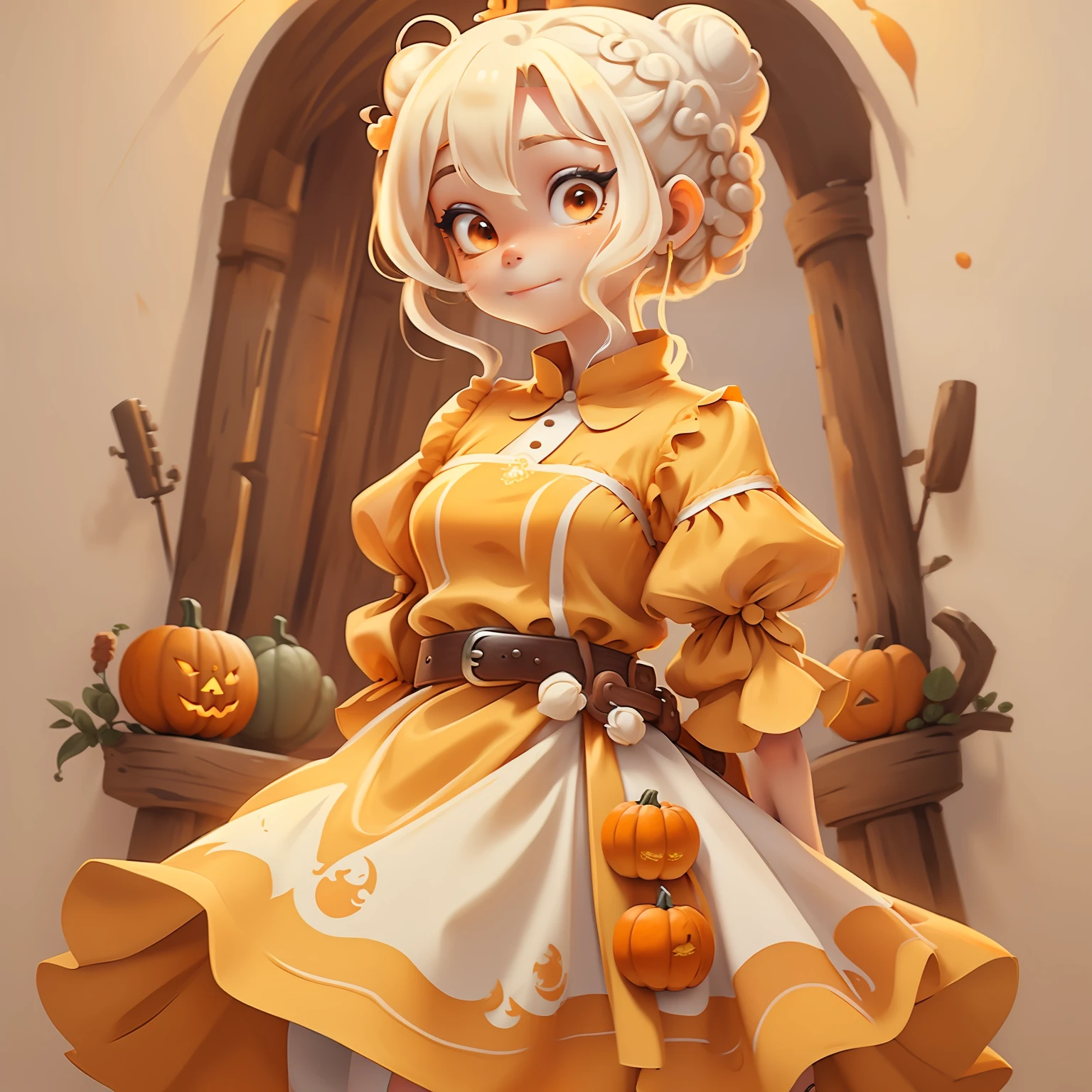 old, (old), Slime hair hairstyle double bun hairstyle, Orange pumpkin, White princess dress with gun belt, main part, best quality