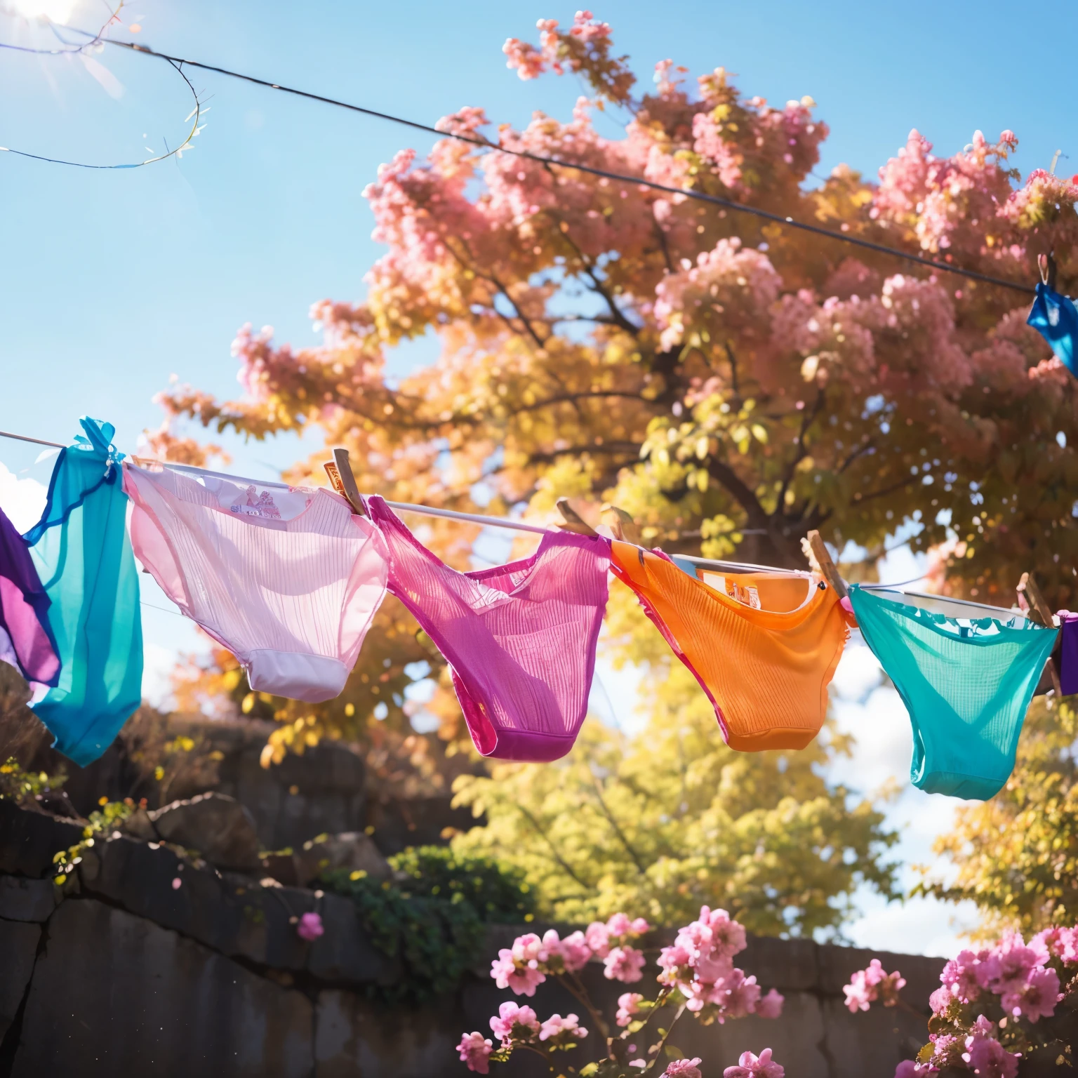 部屋の中で物干し紐にぶら下がっているpanties, Laundry drying, panties:, ((Panty colors include fuchsia pink, orange, purple, light green, sky blue, etc.)),pantiesが透けて見える, on a sunny day, レースpanties、((Panty color is color々))、All you can see in the background of your pants is the blue sky