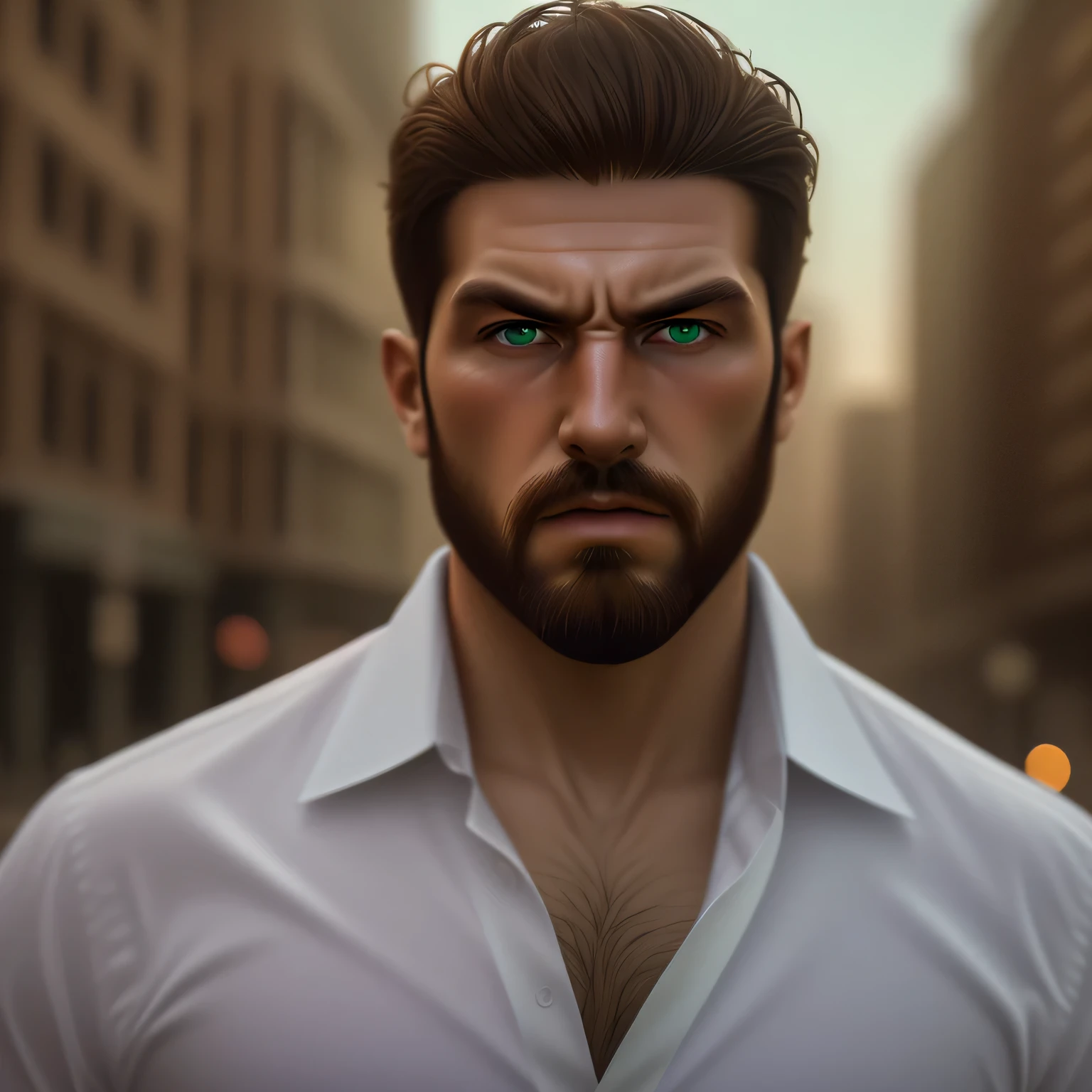 (Brown,cabello corto),ojos verdes,barba,serious expression,Camisa blanca,fondo de la ciudad,Outdoor lighting,Estilo fotorrealista,sharp focus,vivid colors,high resolution,profesional