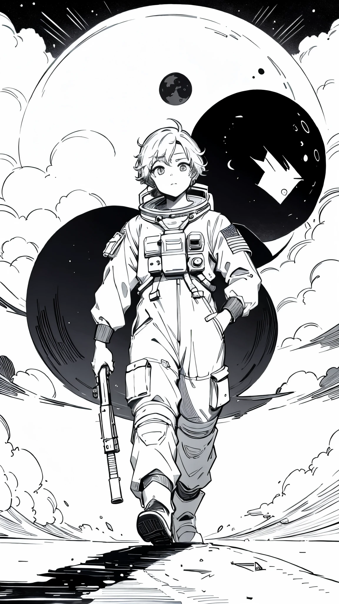 Draw with line form, astronaut, With a submachine gun in his hand, walk on the moon, Futurism, high details