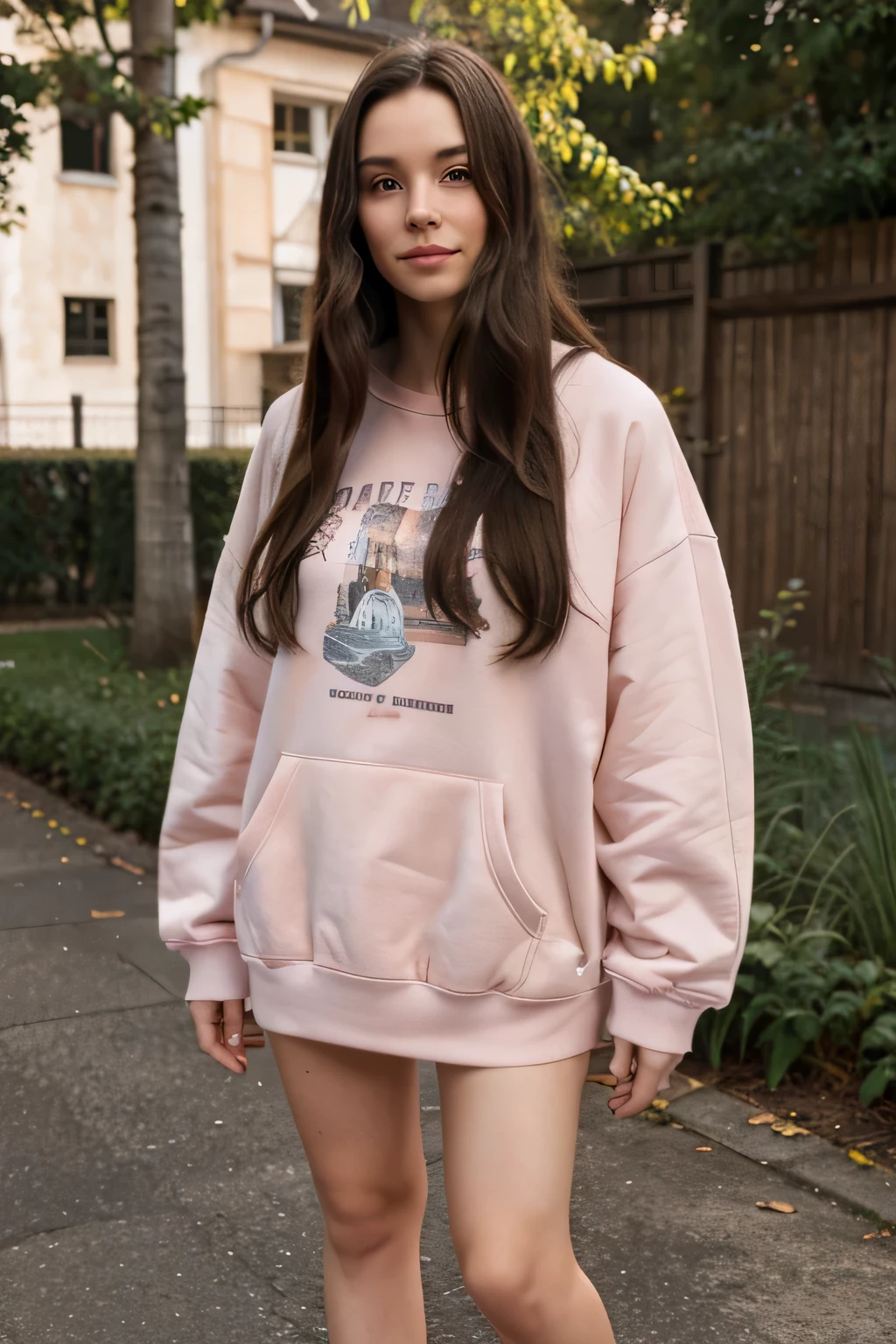 , long dark hair, pale pink sweatshirt, full body shot, natural skin texture, hyperrealism, complex background, hyperdetailed, friendly, cheerful atmosphere