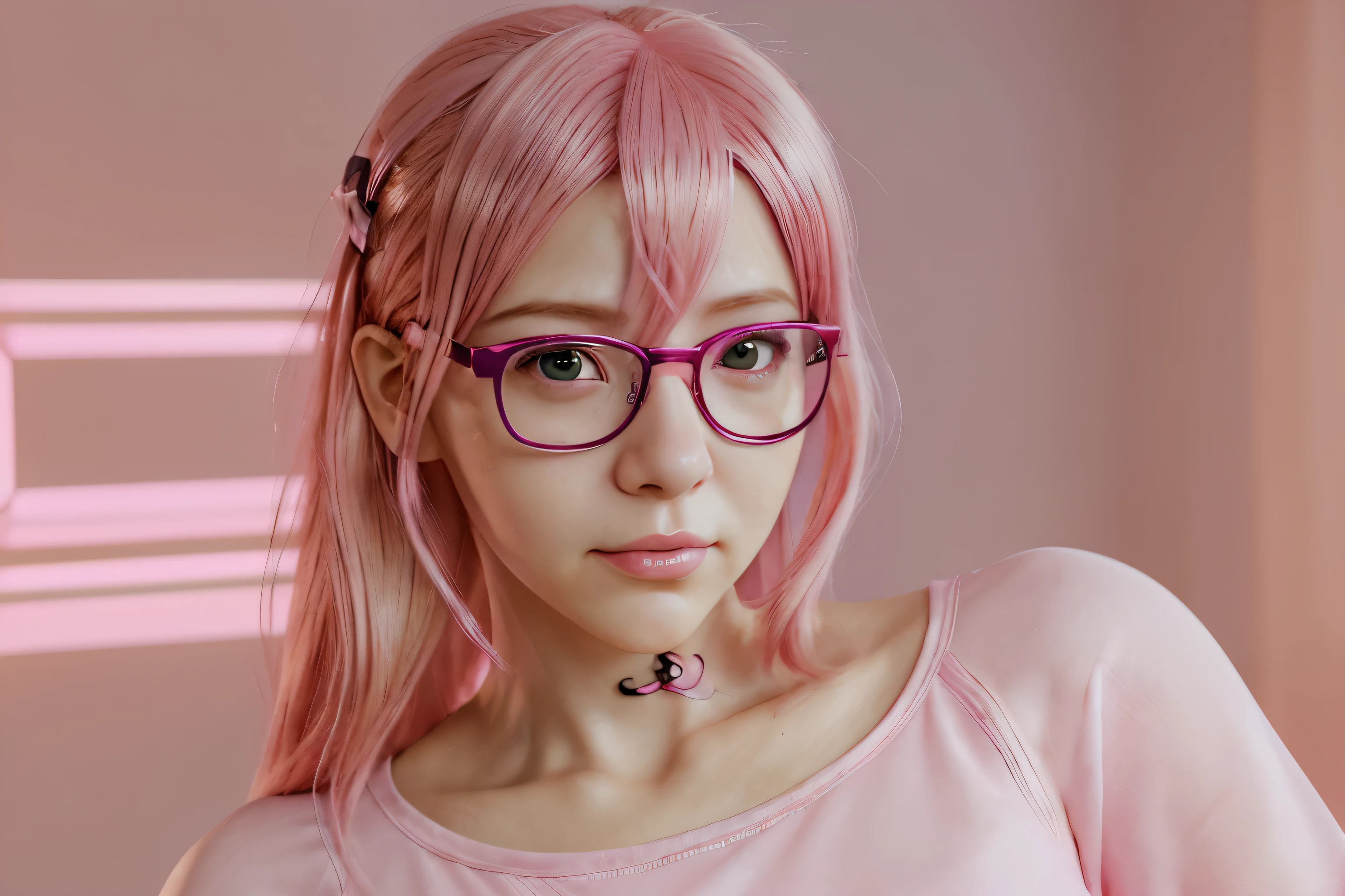 Close-up of a woman with pink hair wearing glasses, artwork in Guvez style, Guvez, Kawaii realistic pictures, Inspiration from Sehiko-kun, glowing pink face, pink girl, beautiful anime pictures, pink glasses, glowing pink eyes, Realistic 3D anime style, Yan Juncheng, Realistic anime art style, ((pink)8k