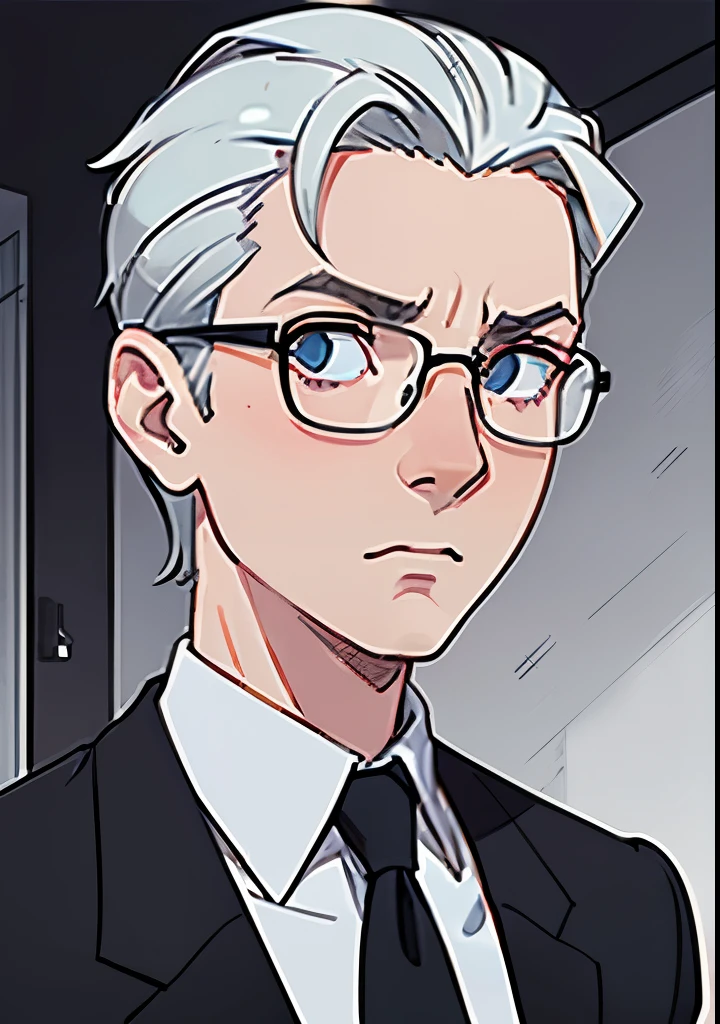 Adult male, white and tender skin, pale blonde slicked back combed short hair, steel blue eyes, green and slightly mature, serious and emotionless facial expression,wearing a black suit jacket, white collar shirt, black tie and suit pants and glasses, portrait style, facing forwards