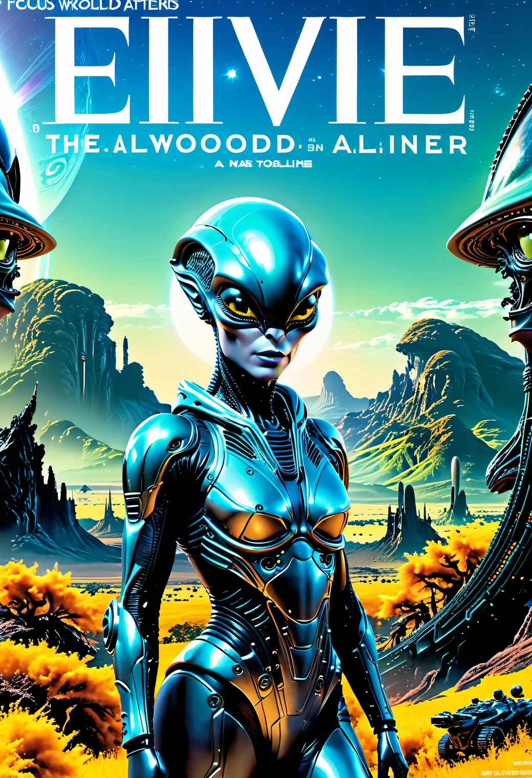 Luxury magazine cover design, cinematic frame, title text "stranger", subtitle text "fantasy world", 2 beautiful alien women in fantastic alien outfits pose on the cover against the backdrop of an alien landscape with unrealistic views, magazine headings and subheadings, Plain text, focus on headlines, focus on the center of the image, very detailed, big budget Hollywood film, fabulous, granularity. Glossy magazine