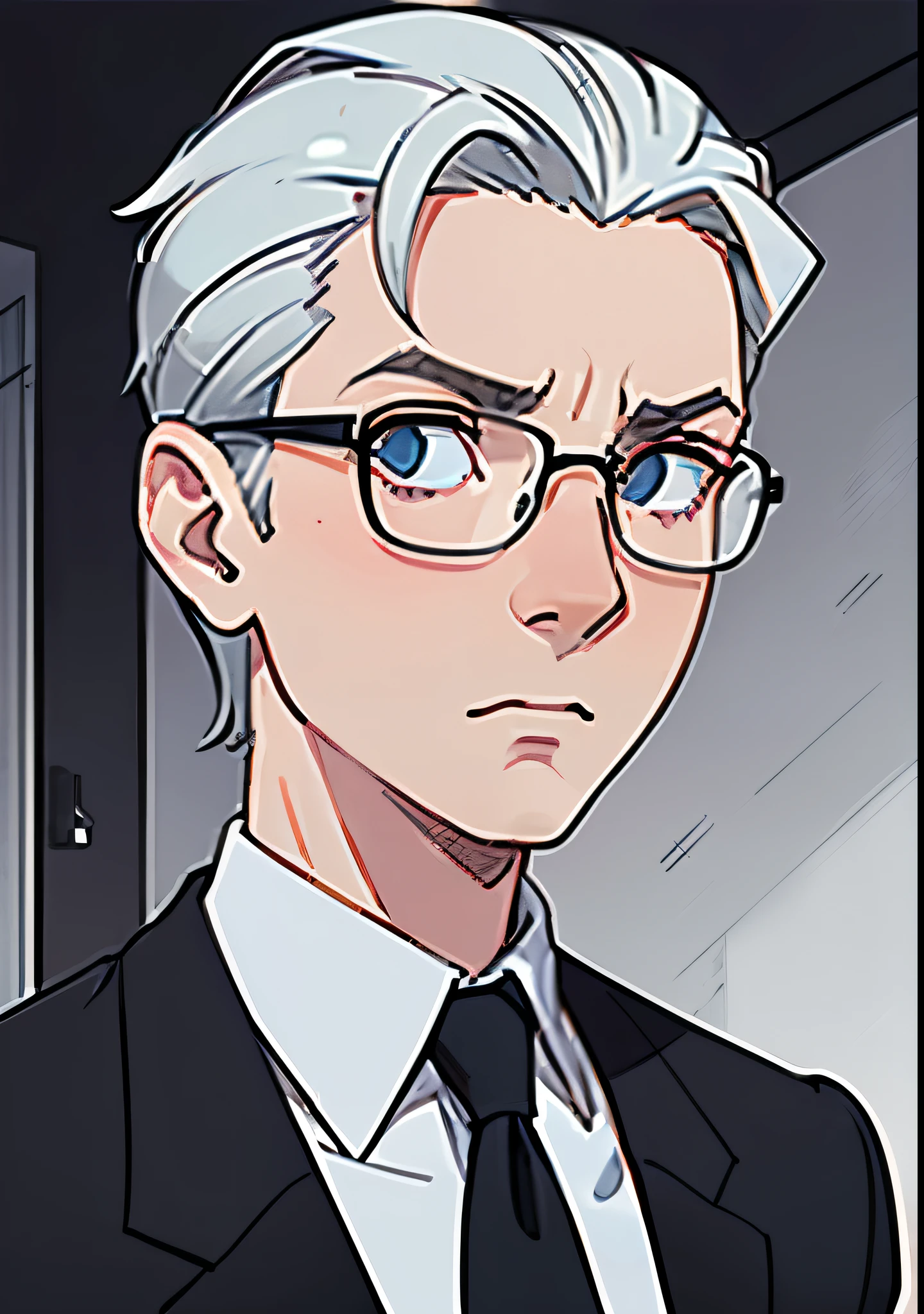 Adult male, white and tender skin, pale blonde slicked back combed short hair, steel blue eyes, green and slightly mature, serious and emotionless facial expression,wearing a black suit jacket, white collar shirt, black tie and suit pants and glasses, portrait style,  facing forwards
