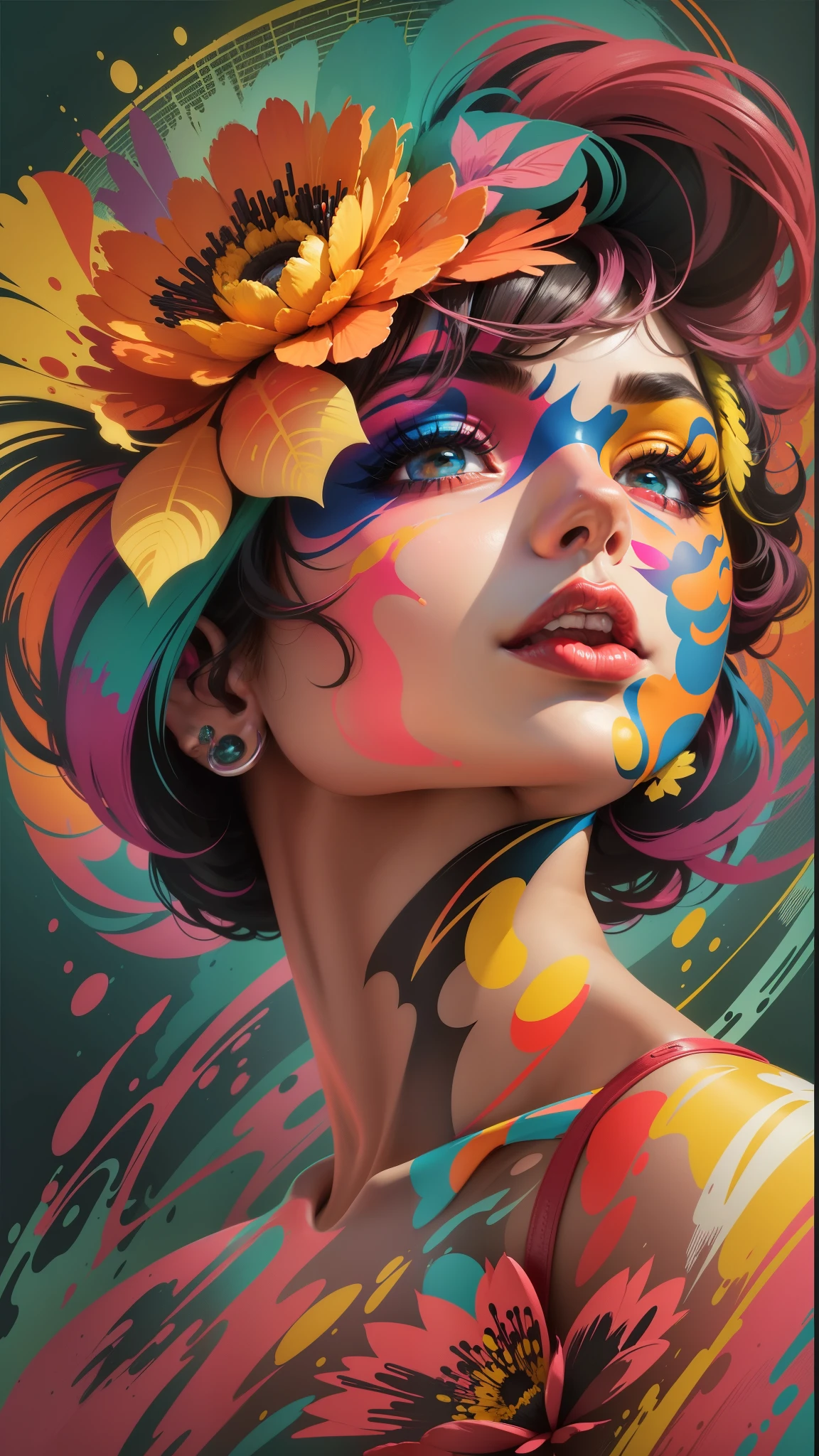 Create a digital art work in pop art style, featureing a vibrant and confident woman with bold makeup and colorfull fashion, complementary color scheme, surrounded by abstract flower patterns, energtic brushstrokes,the mood should be dynamic.
