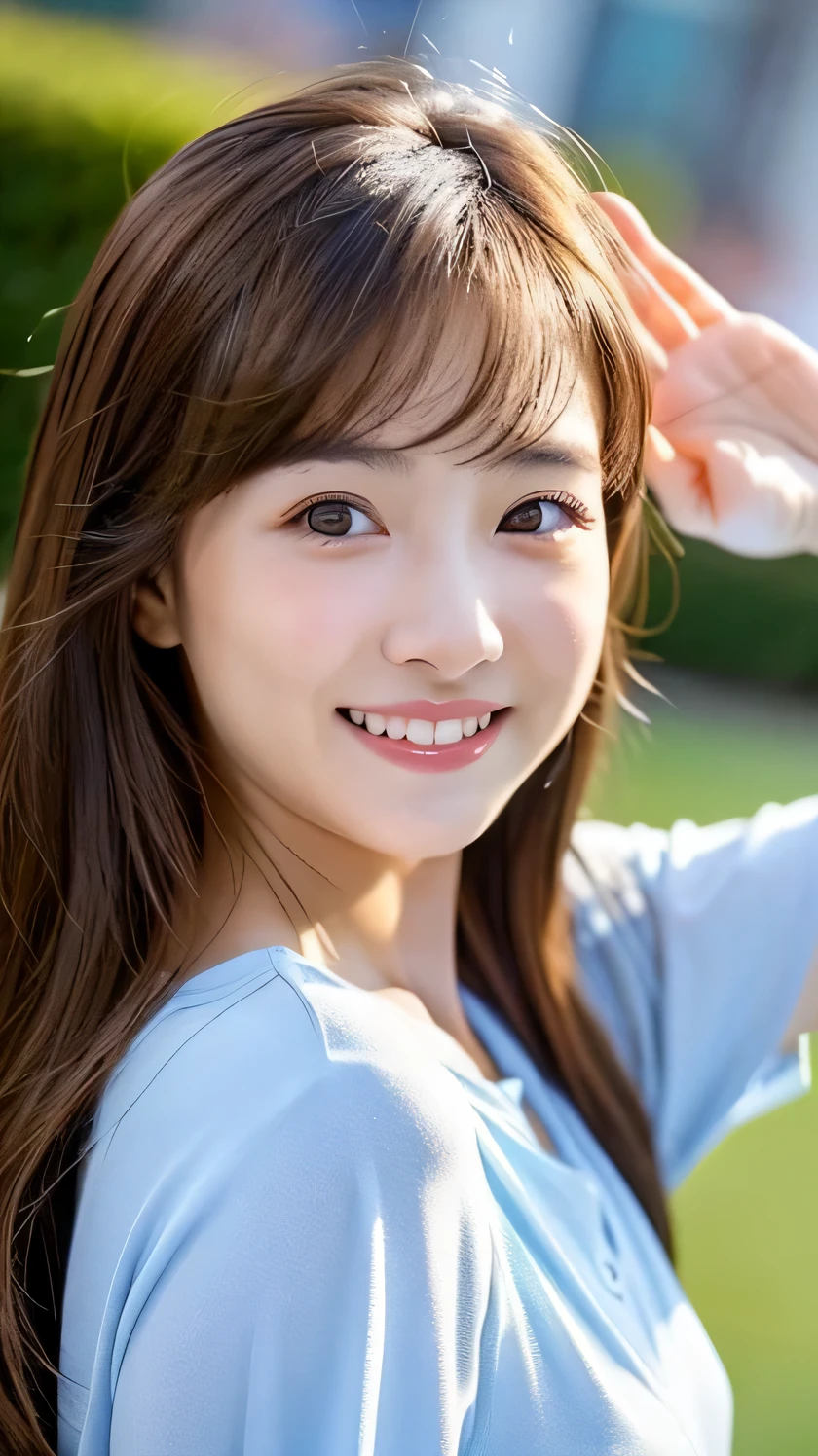 highest quality、pretty girl、(brown hair:1.2)、looking at the viewer、Spiteful eyes、smile、The whole body is reflected、raise your hands and rejoice