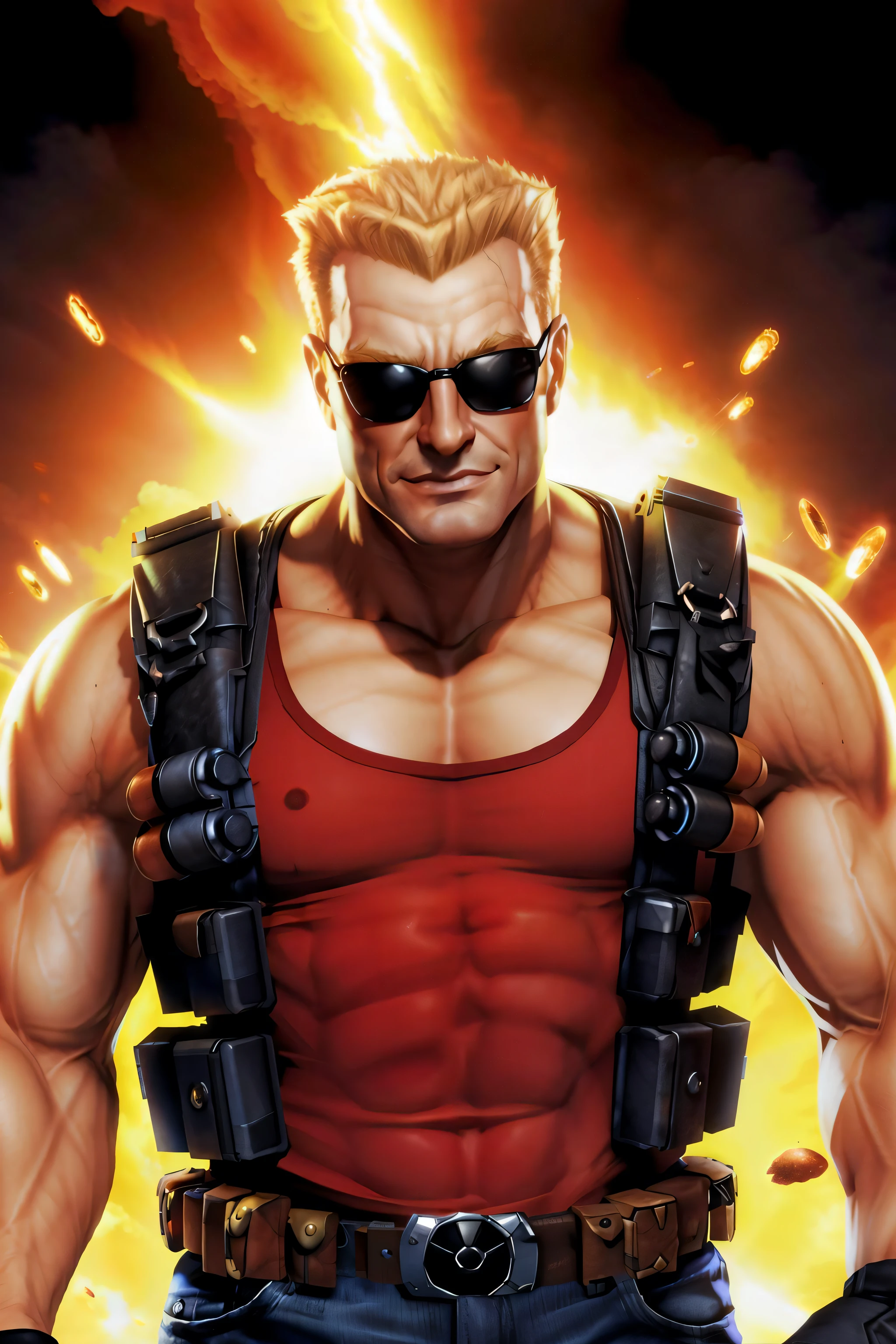 a man posing with a golden gun, hell background, 1boy, <lora:DukeNukem_V1:0.8>