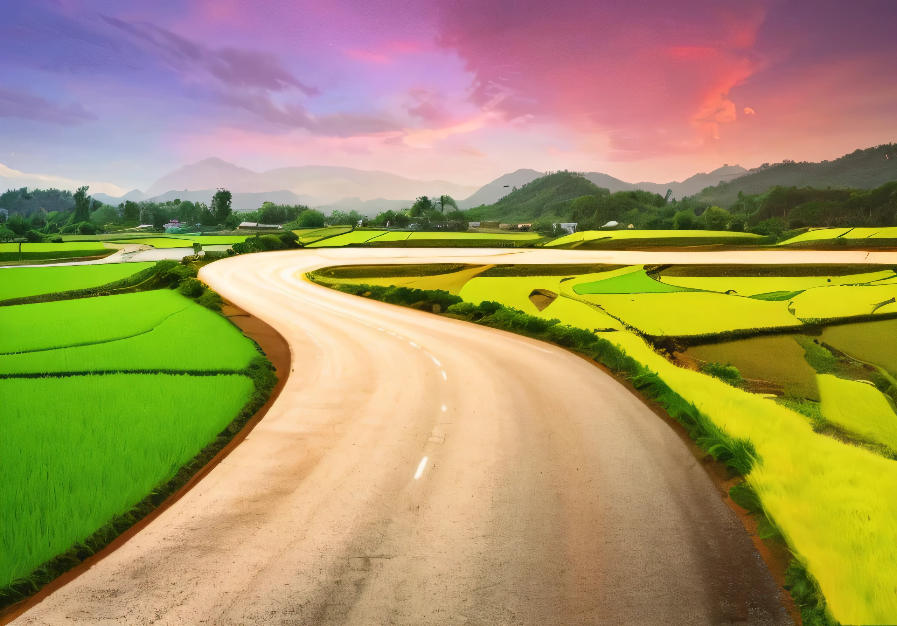 extraordinary colorful landscape, color highway, roads among fields, bright landscape, sweeping landscape, vivid landscape, road between hills, scenic colorful environment, country road, rice, rainbow road, amazing landscape in background, landscape scenery, paddy fields and river flowing, country landscape, vibrant setting, sunset