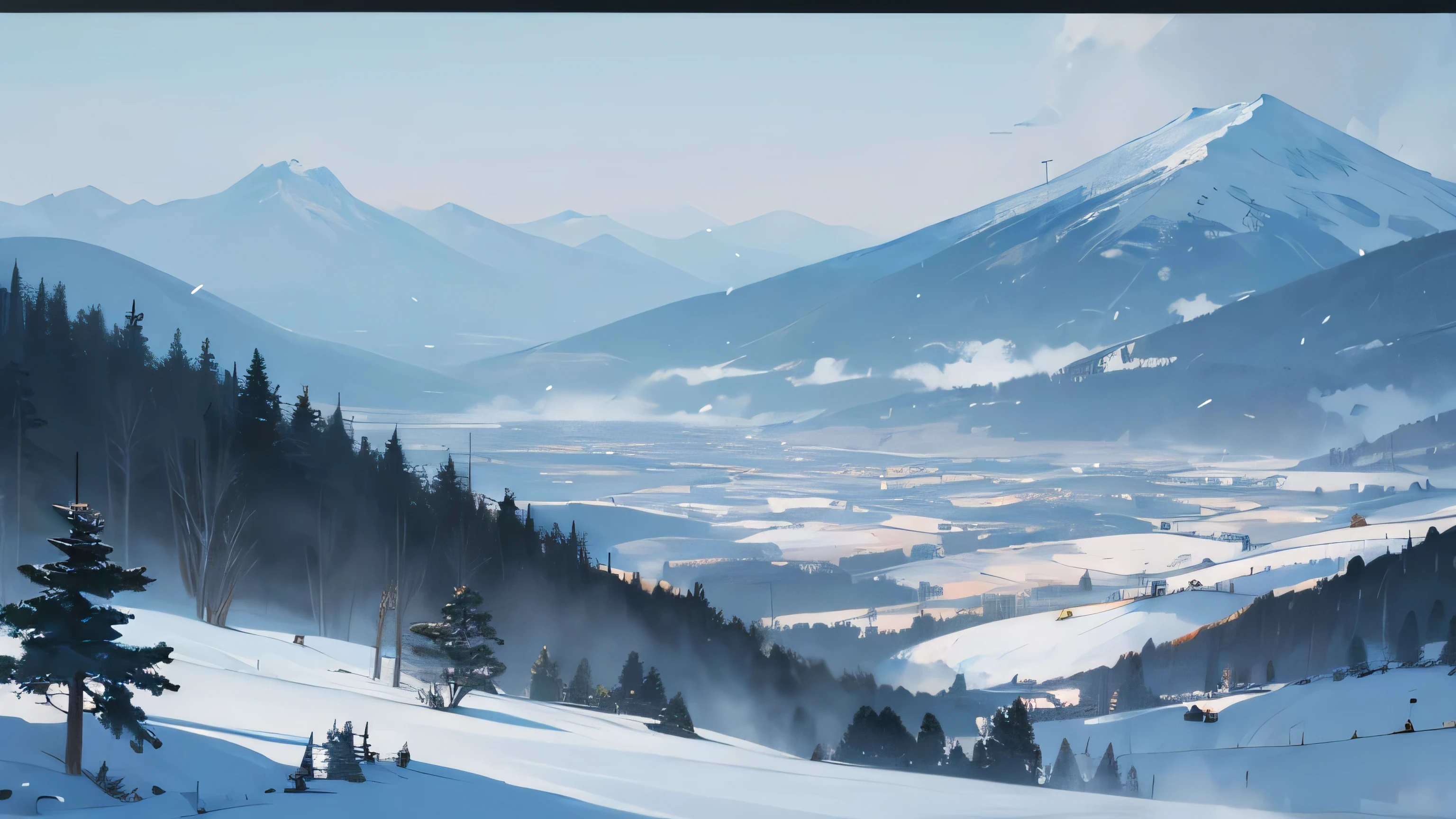 
landscape painting with no one、landscape of folk tales、anime style、pastel tones、In the mountains in a blizzard、A crane is flying towards the mountain