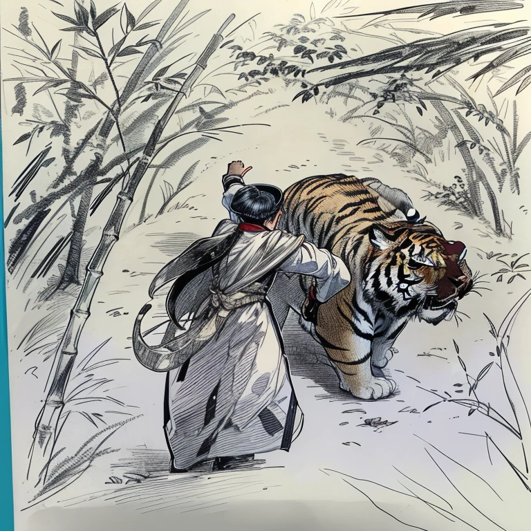 A prosecutor wearing a red uniform confronting a tiger in an area filled with bamboo forests.. He holds a sword in his right hand and points it at the tiger.