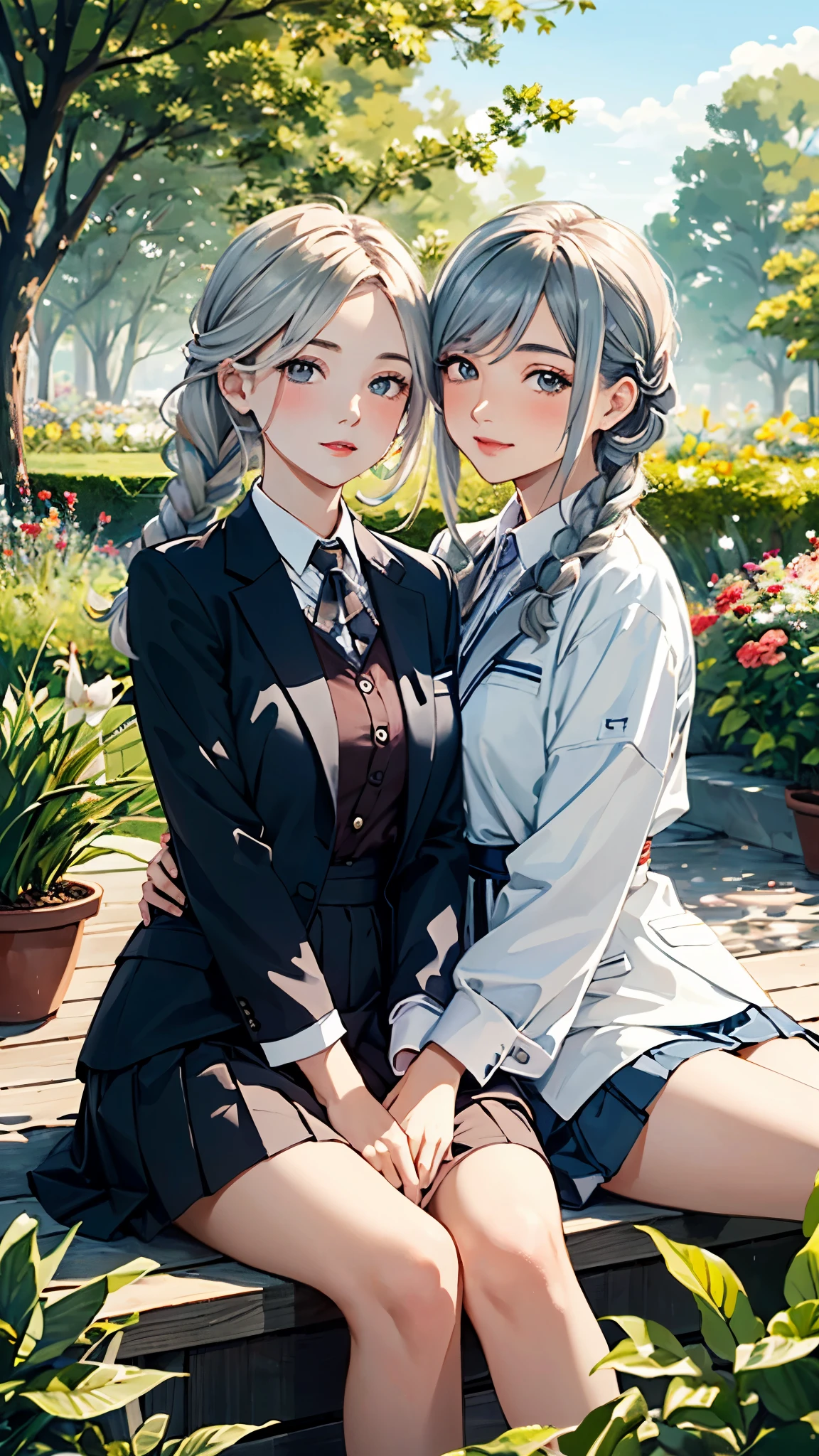 A detailed painting of two teenage girls in a garden, wearing blazer jackets and pleated skirts. The girls have white hair with twist braids and beautiful, detailed eyes. One of them has red, bitten lips and is blushing. The painting is a masterpiece created by a grand master, with the highest quality (4k resolution or higher) and ultra-detailed features. The artwork has a realistic, photorealistic style and vibrant colors. The lighting in the garden is natural and soft, creating a serene atmosphere.