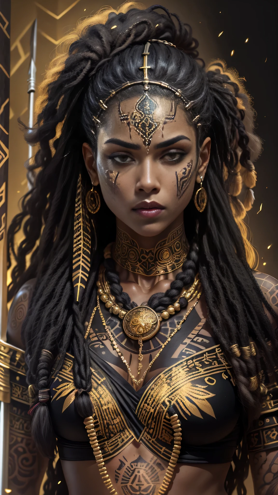 (((full body picture))), (((1 woman))), Top quality, Intricate details , A ebony woman, ((standing holding a spear)), (serious look:1.4), (wearing black and golden battle outfit:1.8) with some animal fur details, (long dreadlock hairstyle:1.3), (reflective eyes:1.3), (tribal tattoo:1.5), looking at the viewer, serious face.