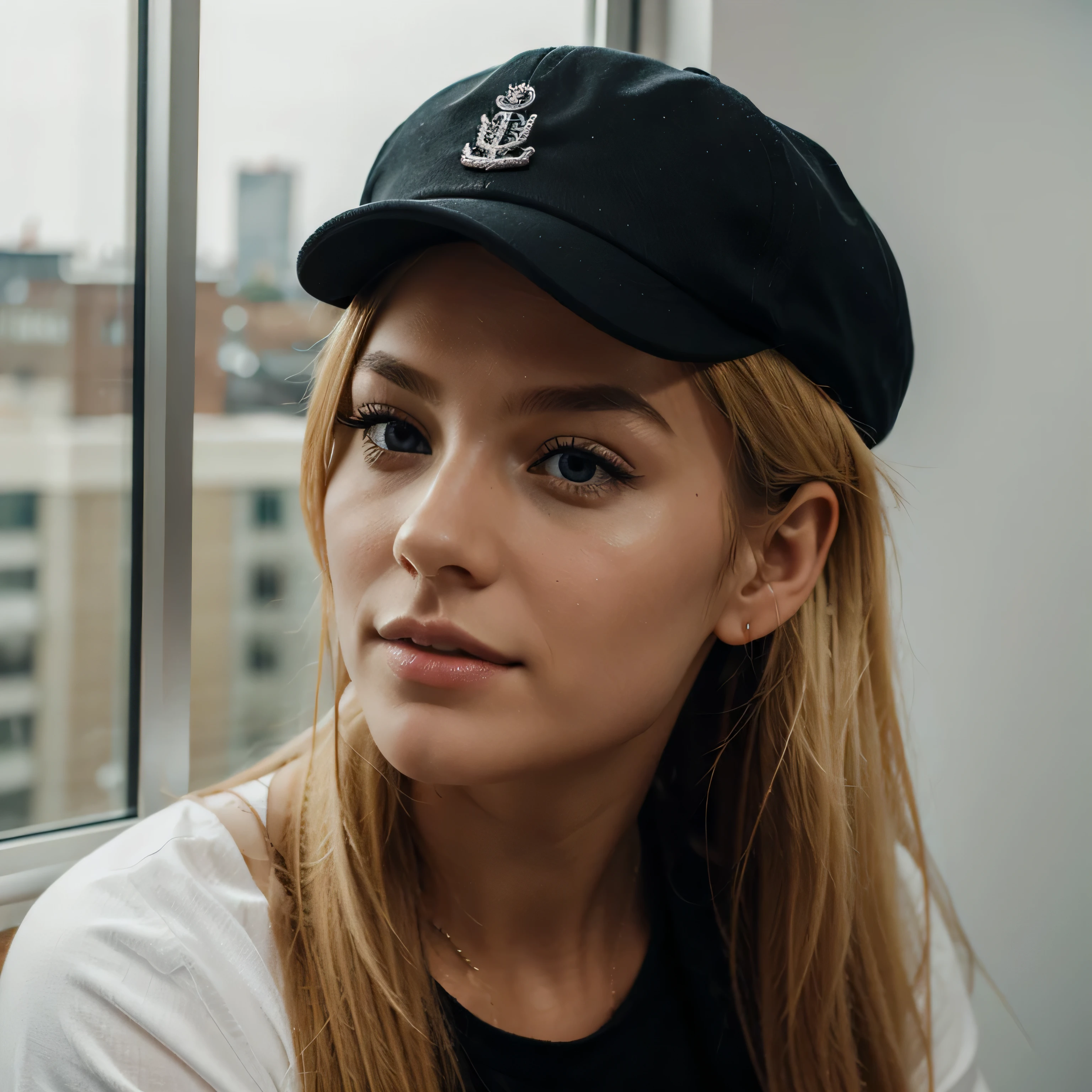 a headshot of a girl, british girl, blonde hairs, realistic face, 20 years old, sexy face, wearing a cap