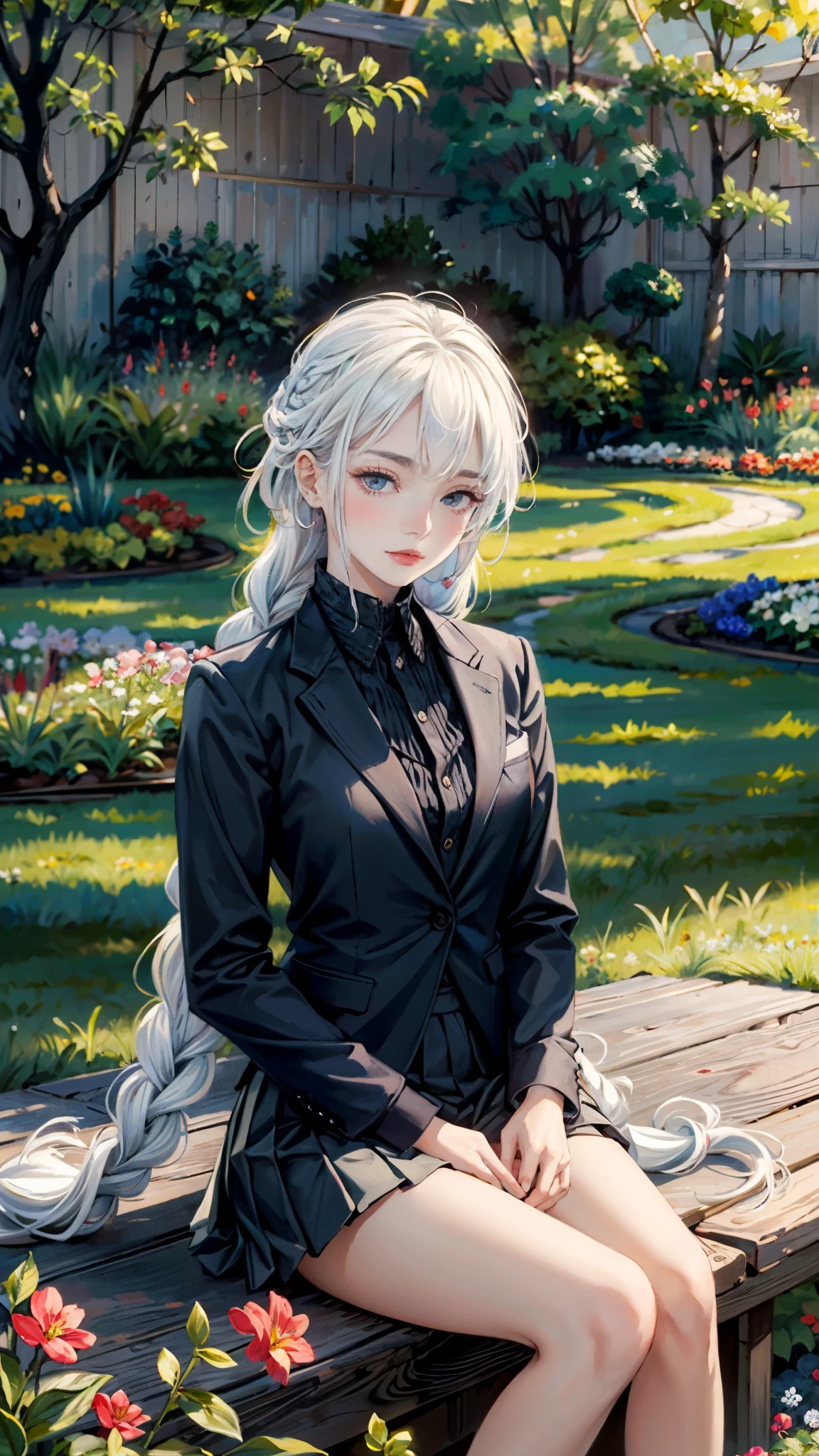 A detailed painting of two girls in a garden, wearing blazer jackets and pleated skirts. The girls have white hair with twist braids and beautiful, detailed eyes. One of them has red, bitten lips and is blushing. The painting is a masterpiece created by a grand master, with the highest quality (4k resolution or higher) and ultra-detailed features. The artwork has a realistic, photorealistic style and vibrant colors. The lighting in the garden is natural and soft, creating a serene atmosphere.