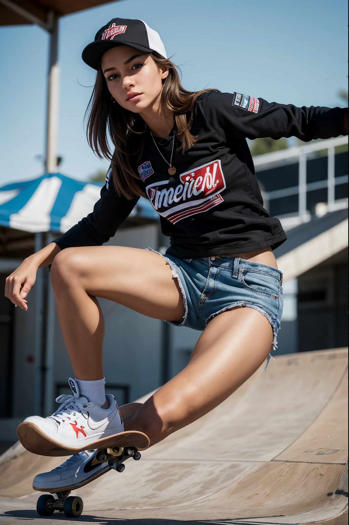 masterpiece, best quality, extremely detailed, hyperrealistic, photorealistic, a pretty american woman, ultra detailed face:1.2, skateboarding athlete, skateboard:1.1, skateboard venue, dynamic angle, cap, artistic jump on a skateboard
