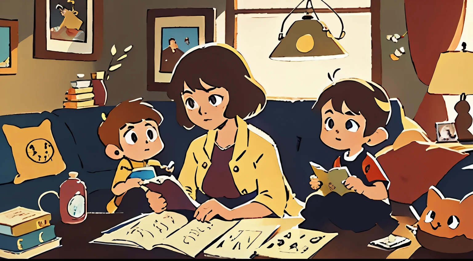 scene 1：Living room
figure：
Mother：What are you looking at with all your bells and whistles?？
son（Read comic books）：mother，This is a comic