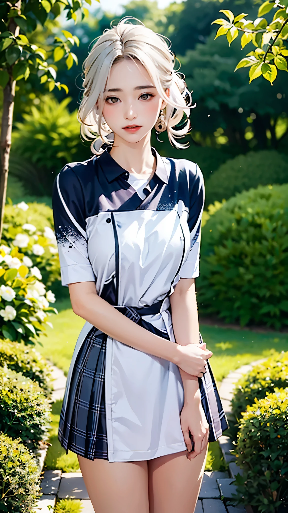 A detailed painting of two teenage girls in a garden, wearing blazer jackets and pleated skirts. The girls have white hair with twist braids and beautiful, detailed eyes. One of them has red, bitten lips and is blushing. The painting is a masterpiece created by a grand master, with the highest quality (4k resolution or higher) and ultra-detailed features. The artwork has a realistic, photorealistic style and vibrant colors. The lighting in the garden is natural and soft, creating a serene atmosphere.