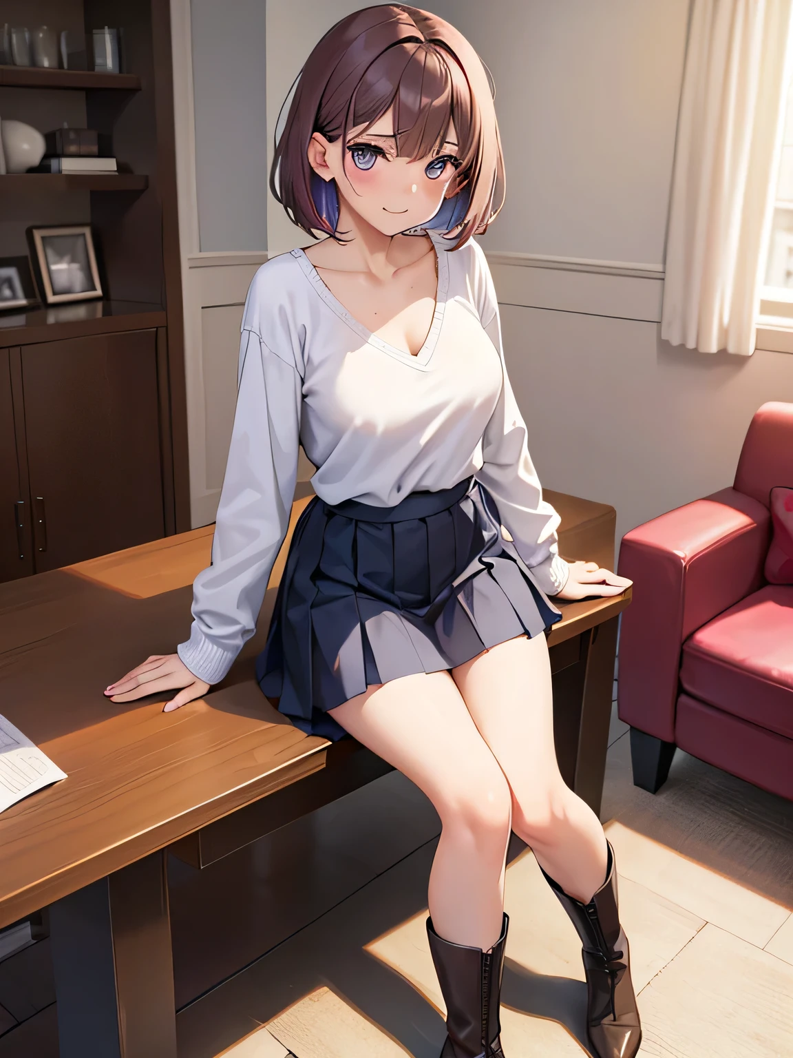 (1) there is one woman, She rolls up her skirt to show her beautiful legs,
(2) she is standing, I would like you to draw a picture of the whole body with legs visible.,
(3) The woman is wearing a navy blue long-sleeved V-neck knit, gray pleated mini skirt, knee-length brown boots,
(4) The visible pants are pink with flashy patterns.,
(5) woman has short brown hair, shining eyes, and provocative, a grin on her face,
(6) The location is the living room of the apartment.,
(7) highest quality, High resolution, realistic pictures, realistic skin,