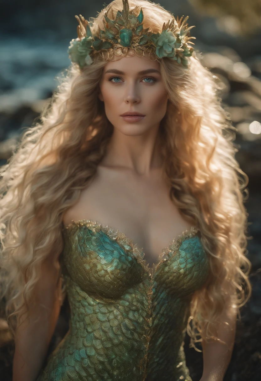 fantasy creature clothing made with marine floral nature that mimic shells, scales skin, algae details with different types of shells on body, (mermaid:1.1), top shell brassiere, waist length portrait, collar bones with skin turquoise scales, cover body with scales and shells, posing, very black hair, very long wavy hair, very thick hair, many freckles on the body, skinny body, (many freckles on the face), half body under the water on sea, seducing with a glace, dark around the eyes, gray eyes, half face in shadow, wet body, wet hair, pale skin color, mainly cloudy, fog, photorealistic eyes, detail face, detail backgrounds little blur, reflection from wet, not much light on models, light gold lights, correct shadows, HDR, Ultra 4K, photo realistic, professional photo, modelshoot.
