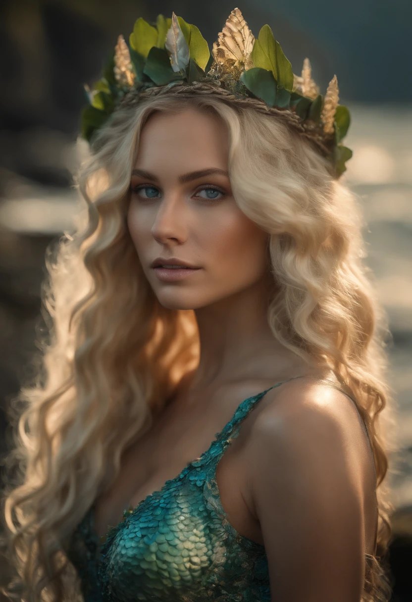 fantasy creature clothing made with marine floral nature that mimic shells, scales skin, algae details with different types of shells on body and hair as a crown, (mermaid:1.1), top scales brassiere, waist length portrait, collar bones with skin green turquoise scales, posing, blonde hair, very long wavy hair, very thick hair, many freckles on the body, skinny body, (many freckles on the face), half body under the water on sea, seducing with a glace, dark around the eyes, blue grayish eyes, half face in shadow, wet body, wet hair, pale skin color, mainly cloudy, fog, photorealistic eyes, detail face, detail backgrounds little blur, reflection from wet, not much light on models, light gold lights, correct shadows, HDR, Ultra 4K, photo realistic, professional photo, modelshoot.