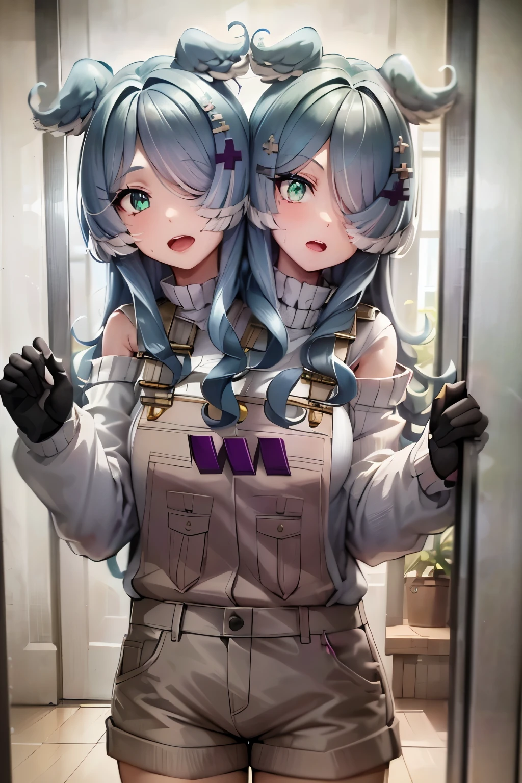 1girl, elira1st, long sleeves, overalls, white sweater, off shoulder, grey gloves, one eye covered, overall shorts, glass door, house, (masterpiece, detailed CG, high resolution:1.2), pose, surprised, mirrored, ((conjoined_dicephalus, two heads:1.5))