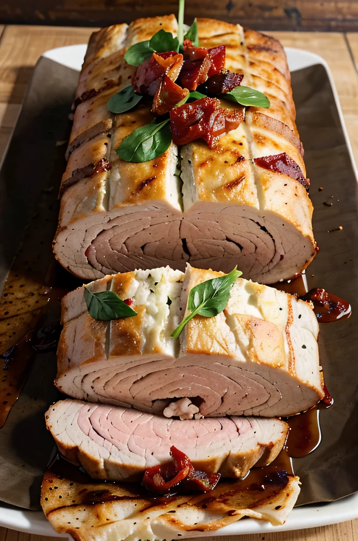 his picture shows a pork loin that has been rolled up and stuffed with a mixture of spinach, sun-dried tomatoes, and cheese. The pork loin is then wrapped in bacon and roasted. The pork loin is sliced into thick slices and served.