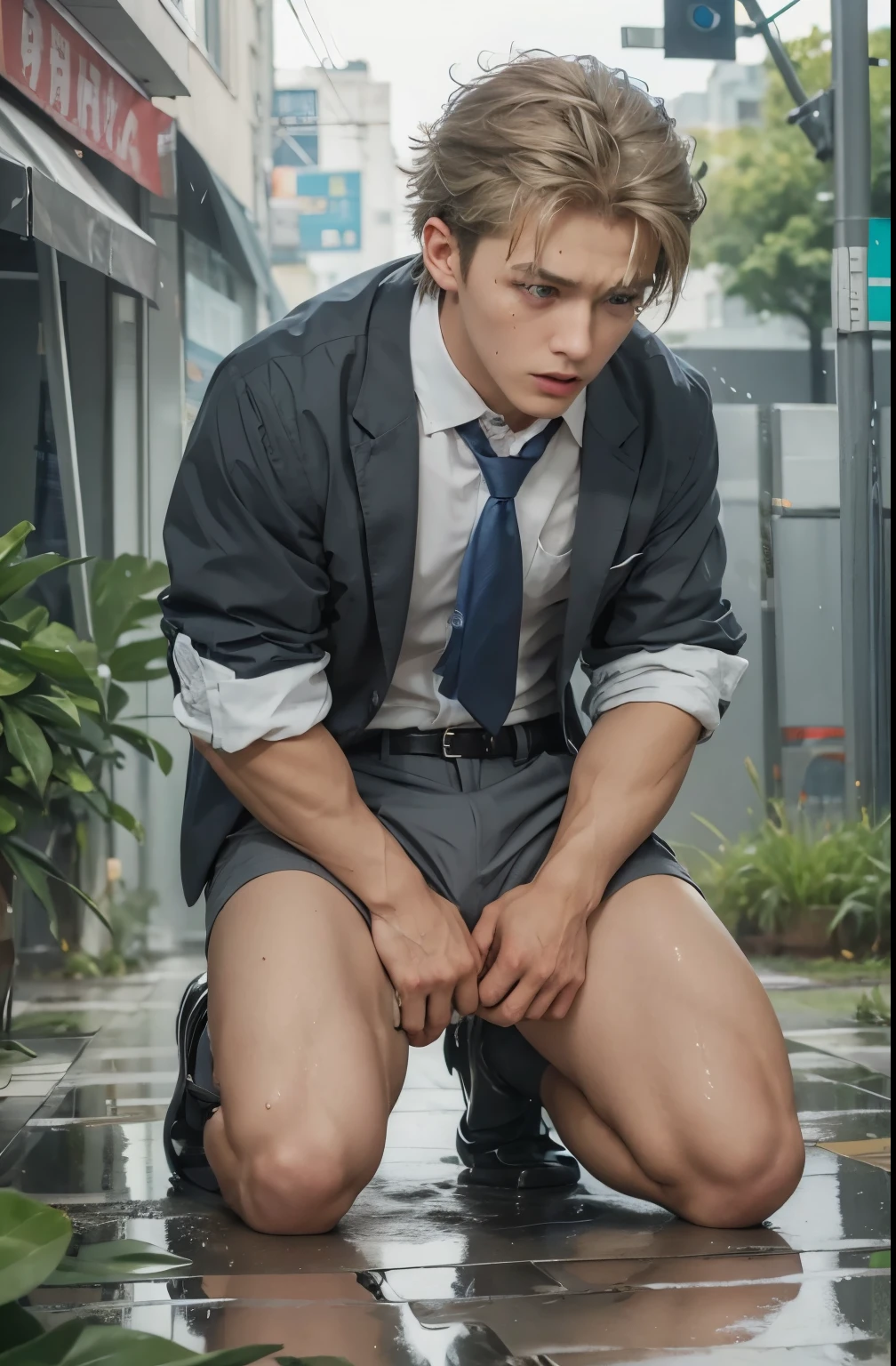 Super Realistic photography, Transparent see through white shirt, 17 yeas old boy,(1 young boy),A high resolution, Sharp focuasterpiece, ((Complicated details)), highly detailed, natsuki_subaru,Multi-view upper body,Suit pants view, 1 man,is shy,Pee on the legs,pissing,Urine runs down the thighs,embarressed,exhilarated,is shocked,panicking,worry,A small puddle of their own urine forms around the feet,full bodyesbian,kneels on the ground,Very eager to pee,It's uncomfortable,Wet yourself,Urine discharge, Sweaty crotch,Drenched,rain,The shirt is soaked,(A gesture of pleading),blue color eyes(eyes glowing), Short gray hair,white shirt,Wear a tie,Wear a belt,Black suit trousers,perspire,look from down